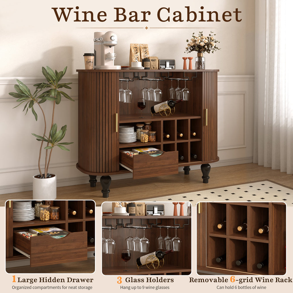 39' Fluted Liquor & Coffee Bar Cabinet with 6 Wine Racks and 3 Glass Holders, Mid-Century Modern Bar Cabinet with A Large Storage Drawer ,4 Hidden Storage Space on the Side , Black