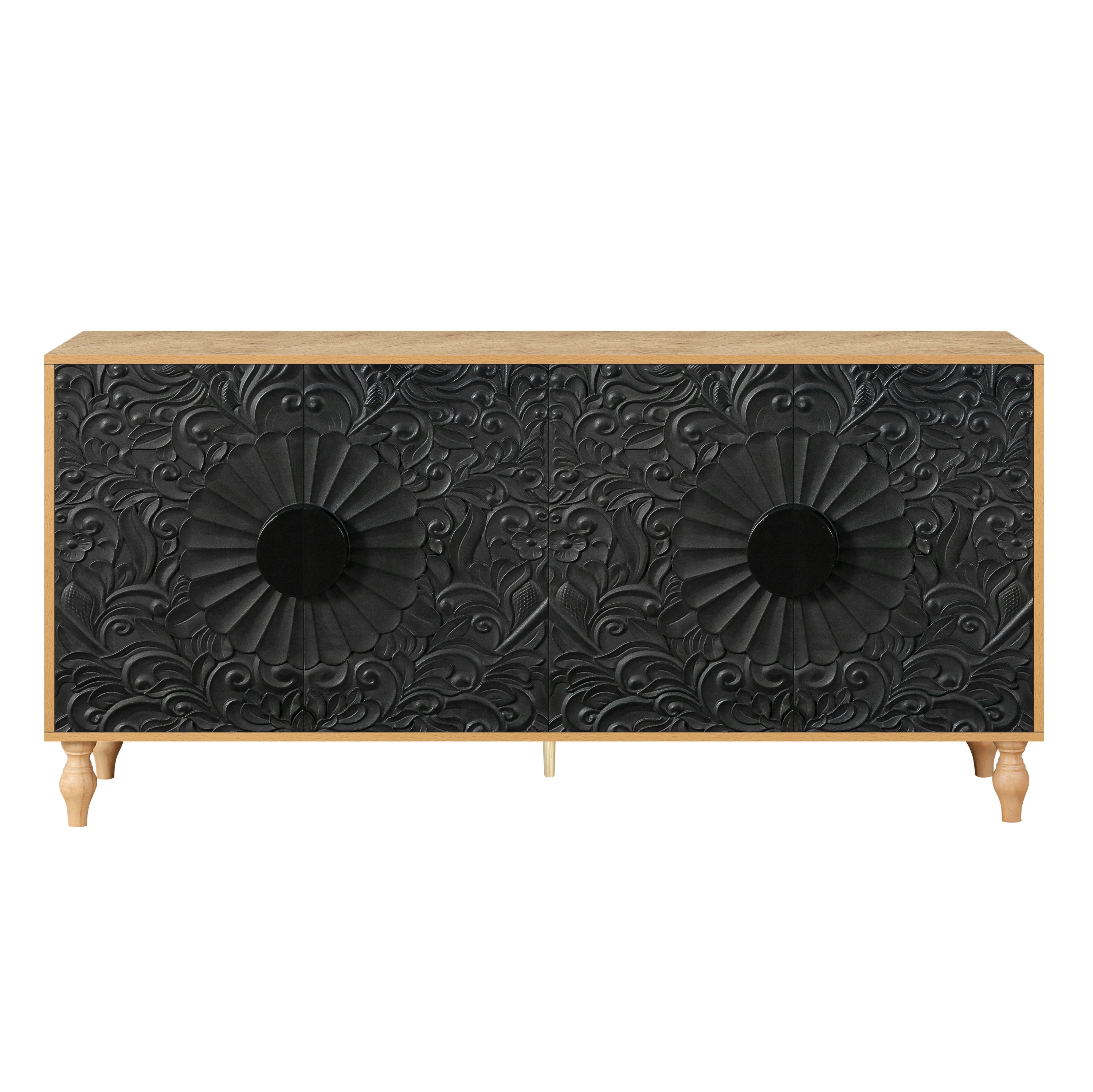 Black carved TV stand full product photo