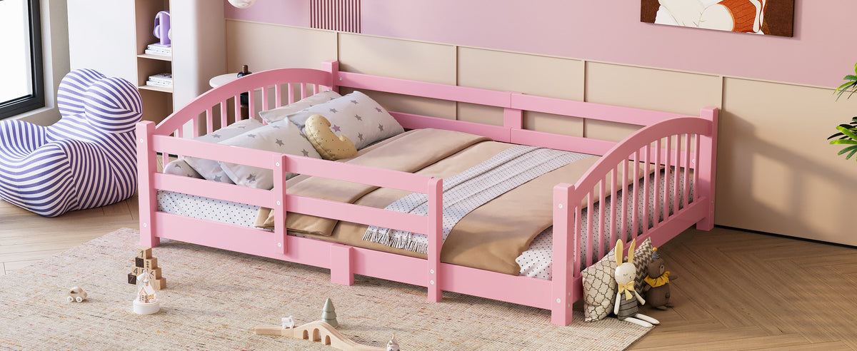 Full Montessori Floor Bed with Slats and Safety Guardrails, Solid Wood Floor Bed with Fence and Without Door, Easy Assemble Montessori Bed for Girls and Boys, Gray
