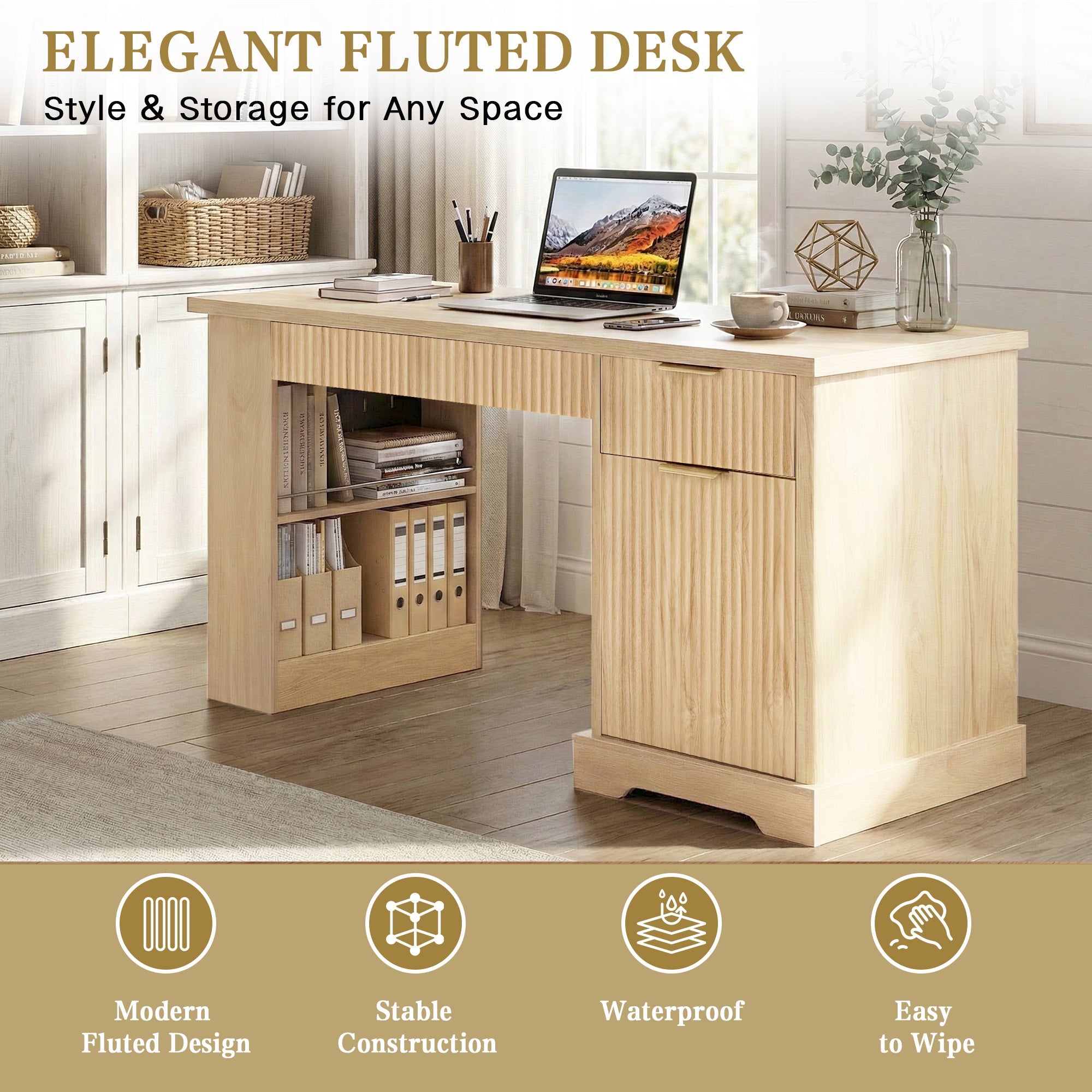 Fluted Office Desk with Pegboard, Charging Station, Keyboard Tray & Storage — 55-Inch