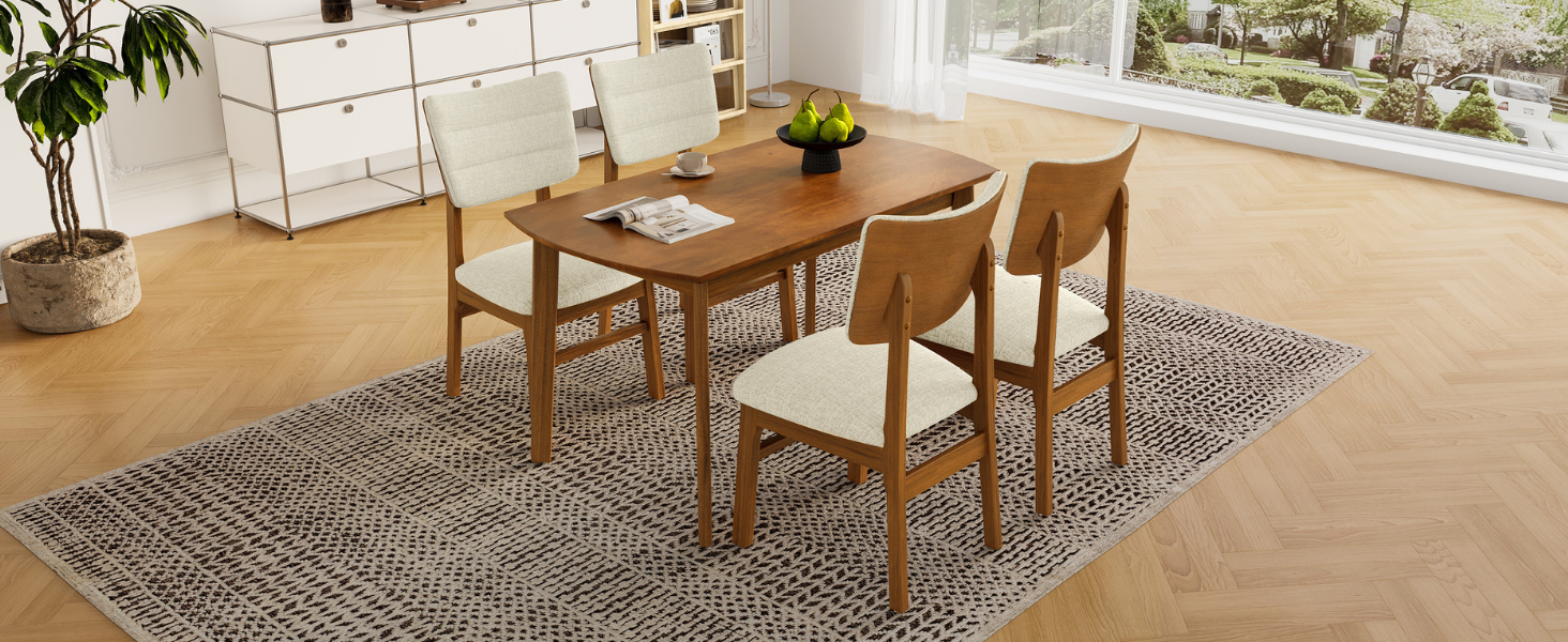 Farmhouse Dining Table Set for 4, Wood Kitchen Table & 4 Upholstered Chairs with Sturdy Rubber Wood Frame, Padded Seat, Curved Backrest, Space-Saving Dinette Set for Dining Room, Brown+Gray