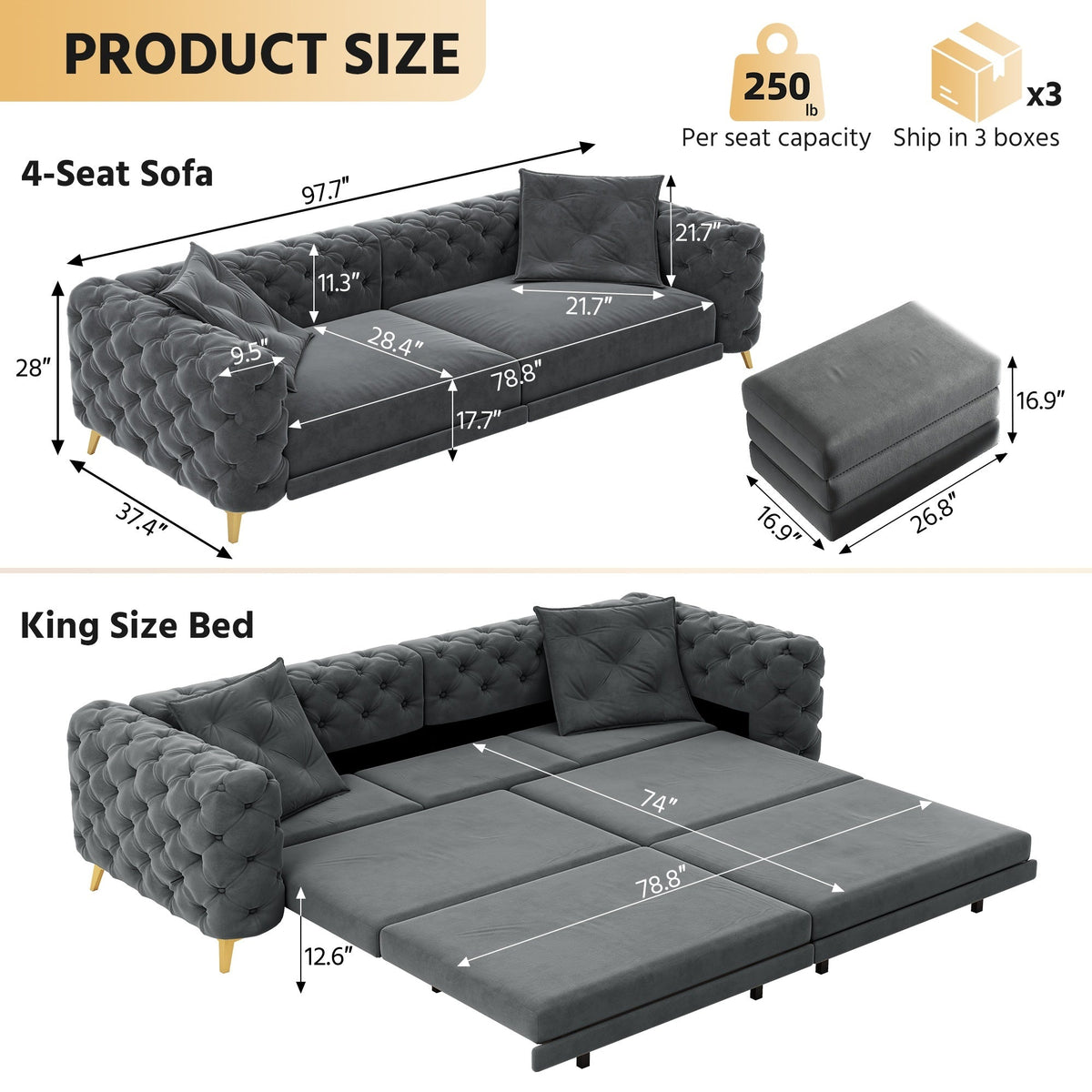 97.7' 3-in-1 Convertible Sleeper Sofa, 28.4' Deep Seat Pull Out Sofa Bed,Button Tufted Modern Sofa, 4-Seater Couch with Movable Ottoman for Apartment, Office, Bedroom,Beige/White