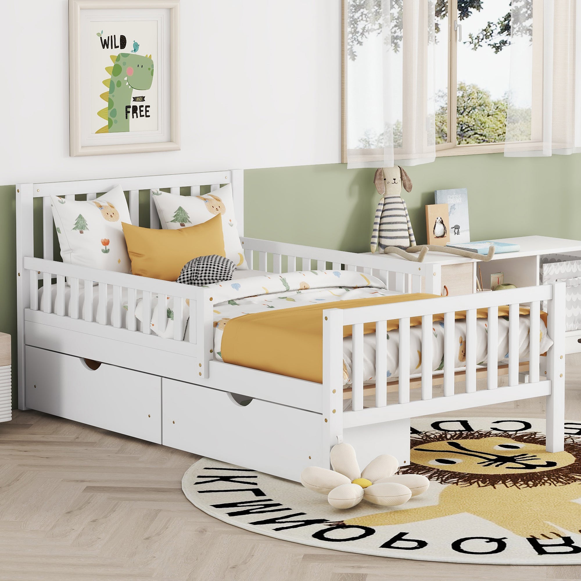 Twin-size platform bed with headboard and footboard — angle view