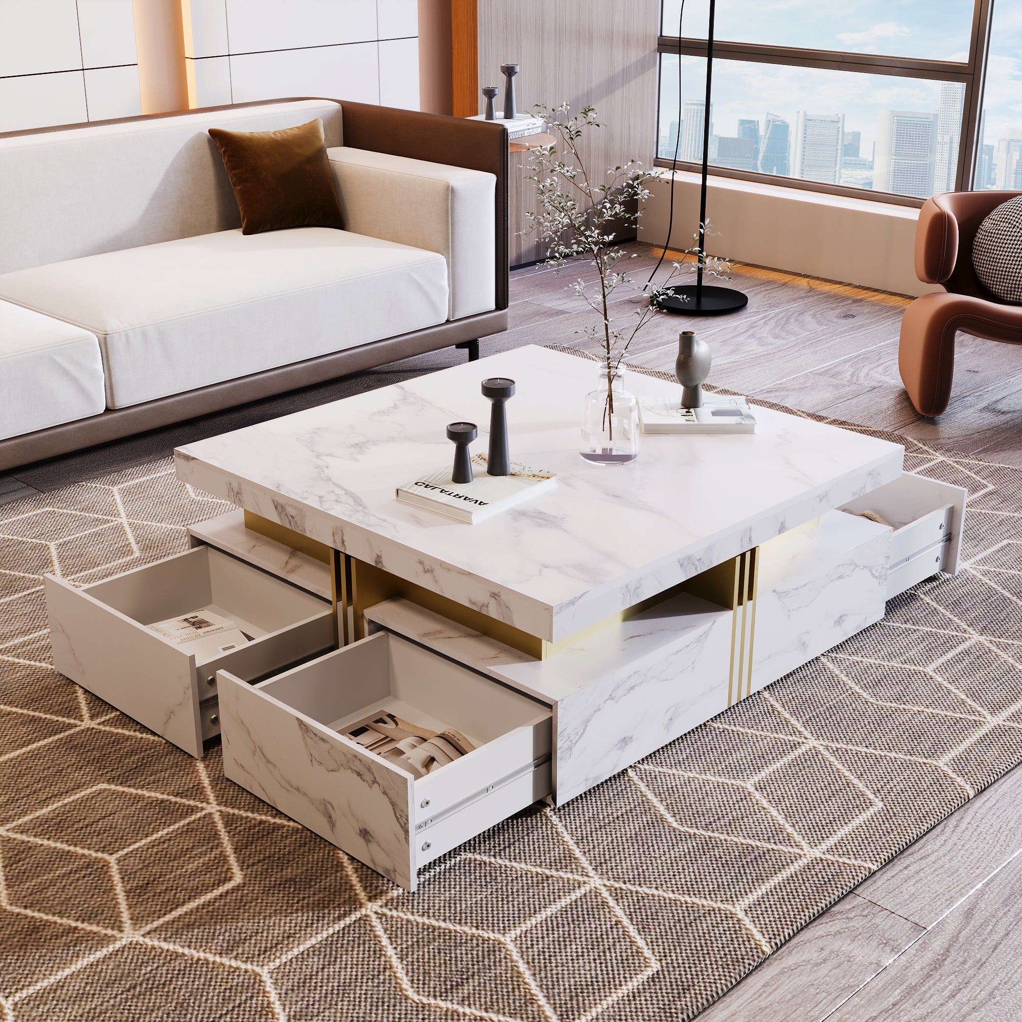 Square Storage Coffee Table — 4 Drawers & Gold Accents