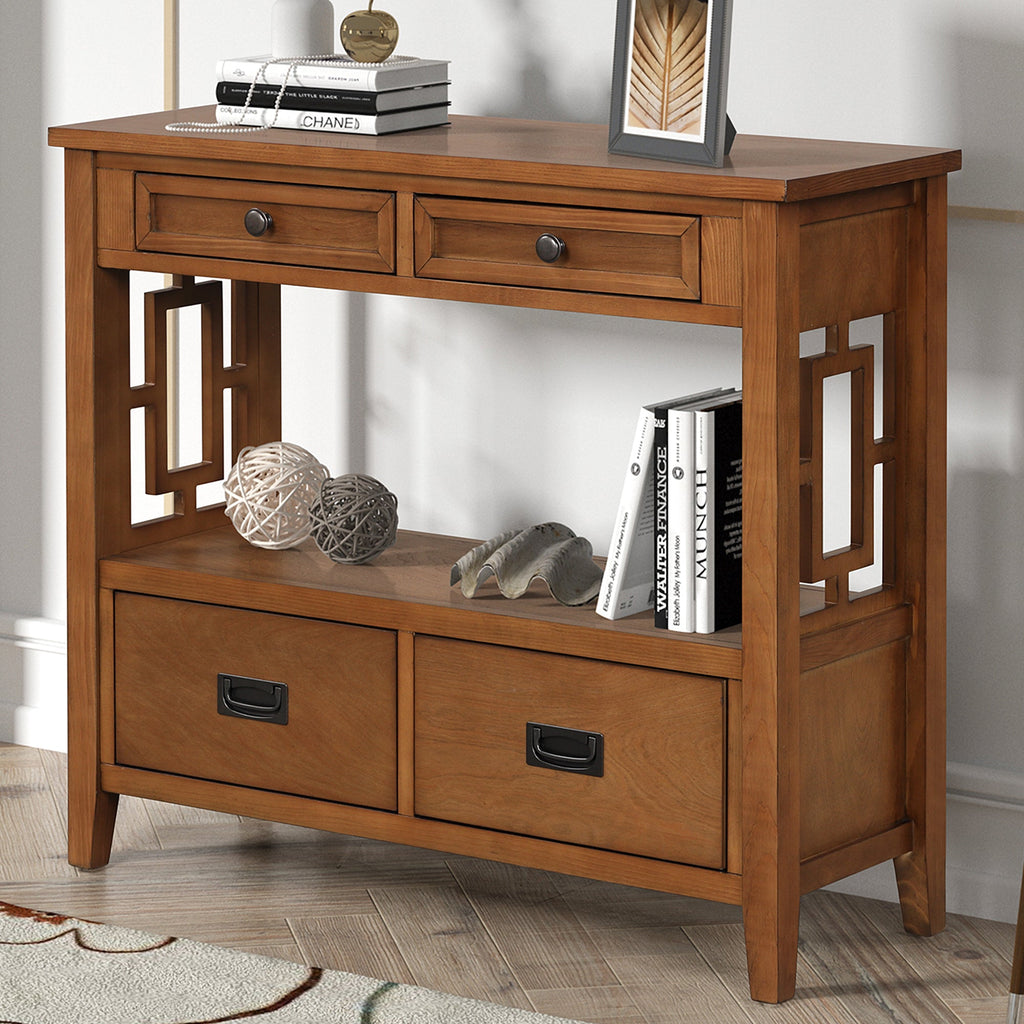 Farmhouse Console Table — 4 Drawers & Open Storage Shelf