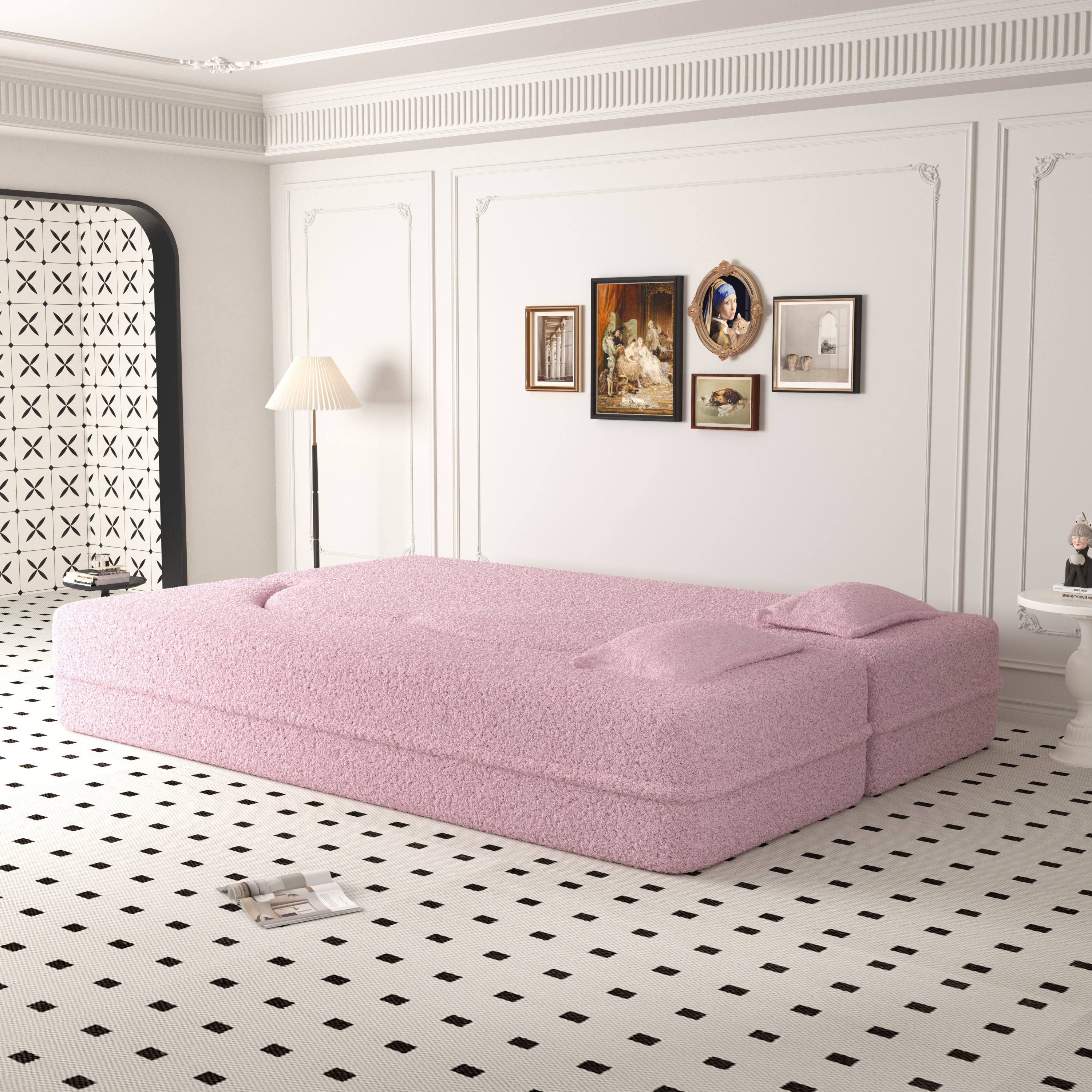 Foldable floor sofa converted to lounge configuration