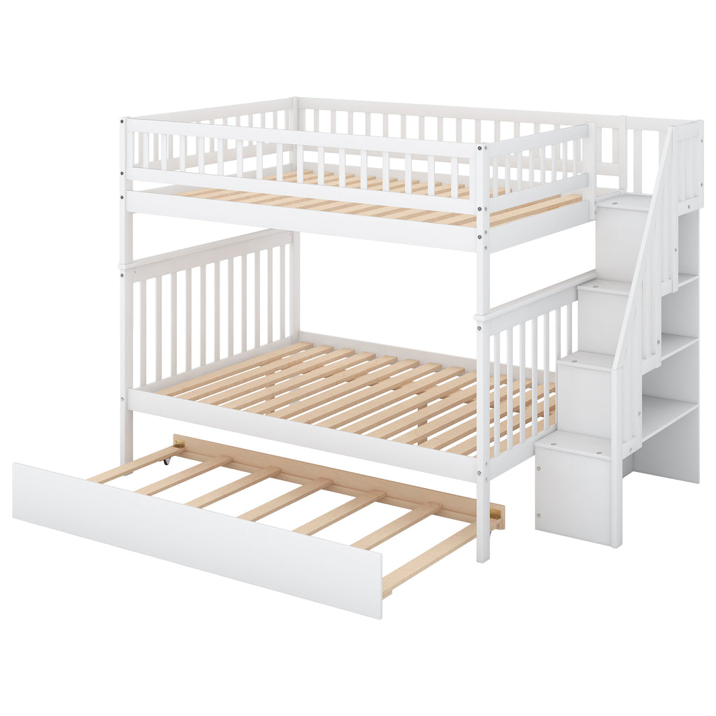 White full over full bunk bed with trundle and staircase — front view