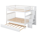 White full over full bunk bed with trundle and staircase — front view