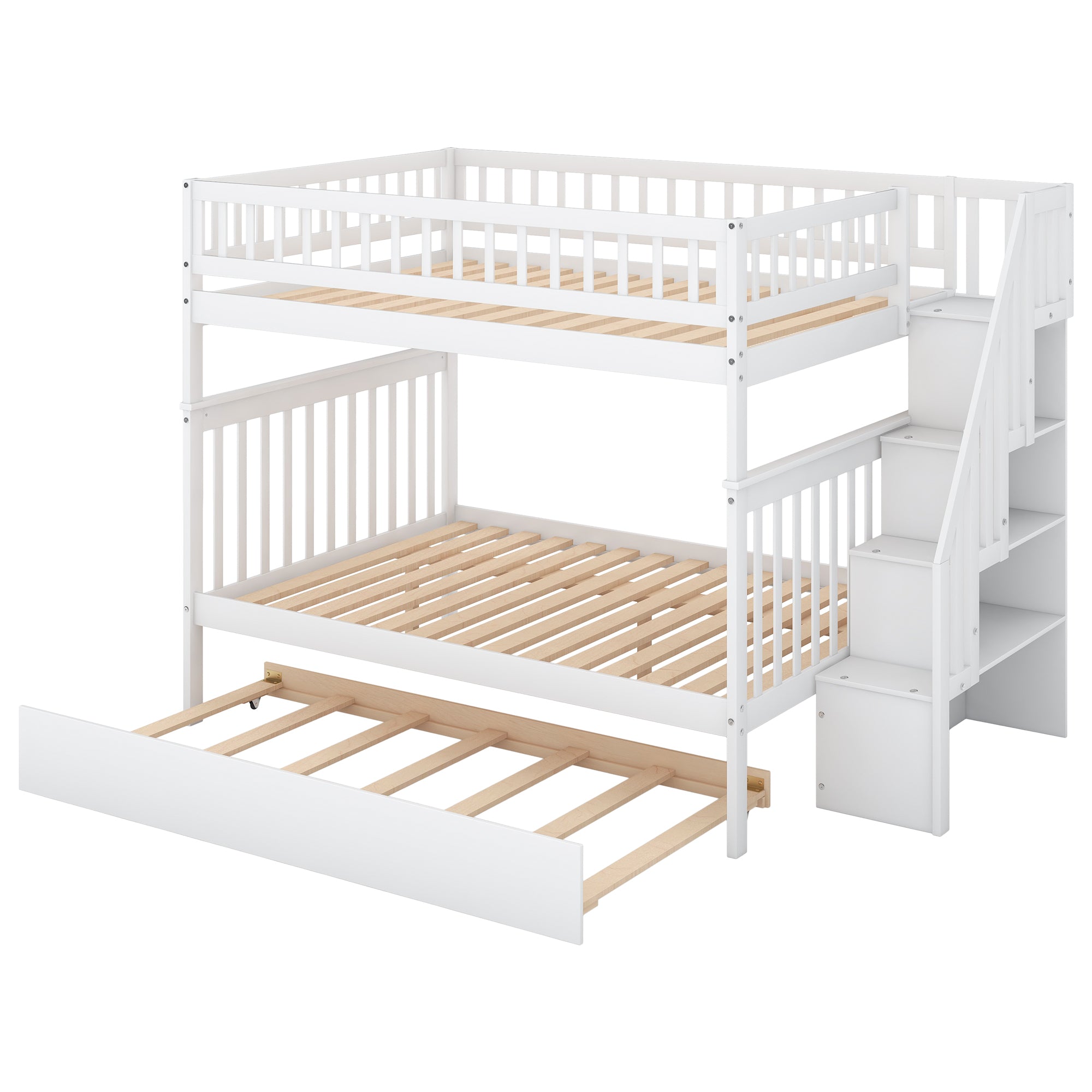 White full over full bunk bed with trundle and staircase — front view