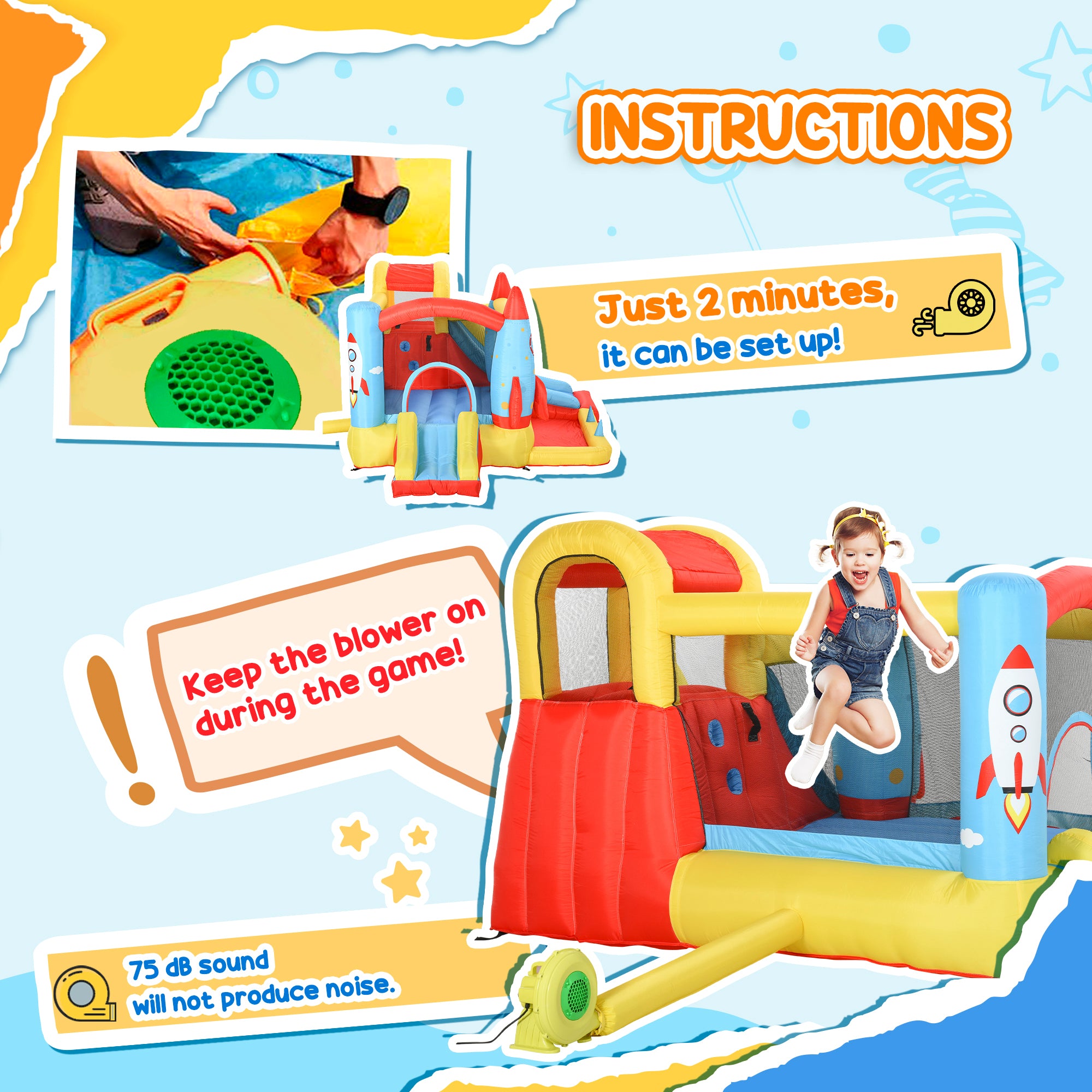 4-in-1 inflatable bounce house with slides and pool area