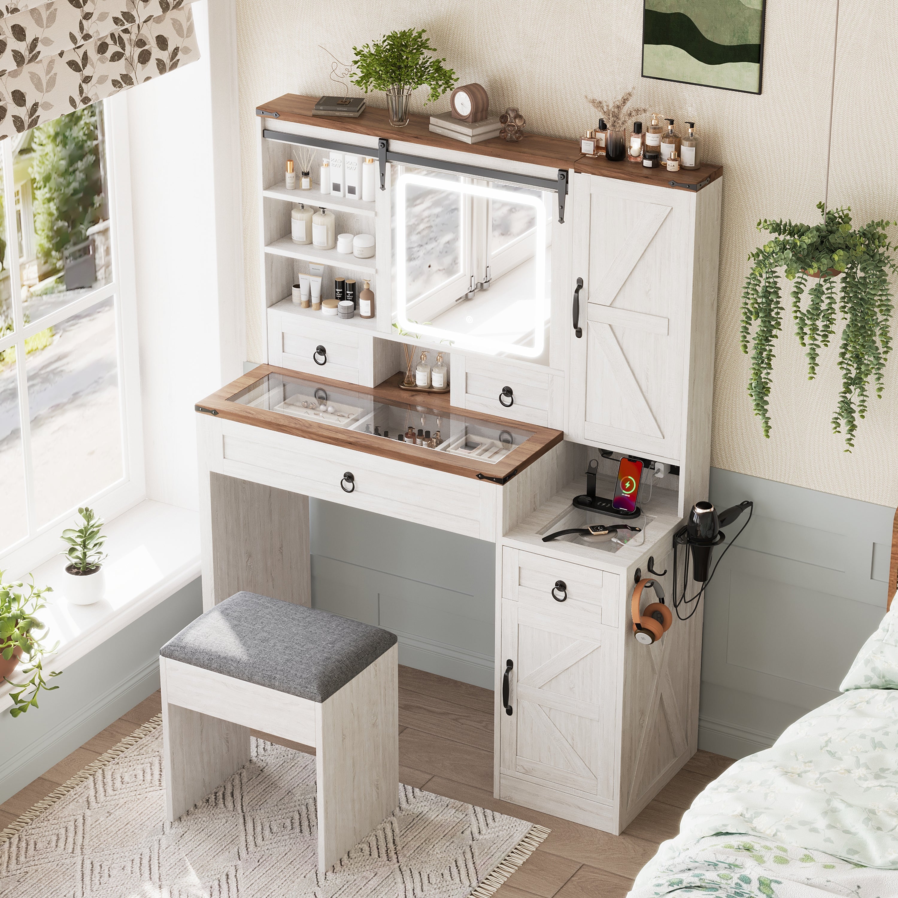 Farmhouse Vanity Desk with Sliding Mirror and Lights, Vanity Set with Glass Top and Charging Station ,Dressing Table with 4 Drawers and 2 Cabinets, Dressing Table with Stool for Bedroom, Gray