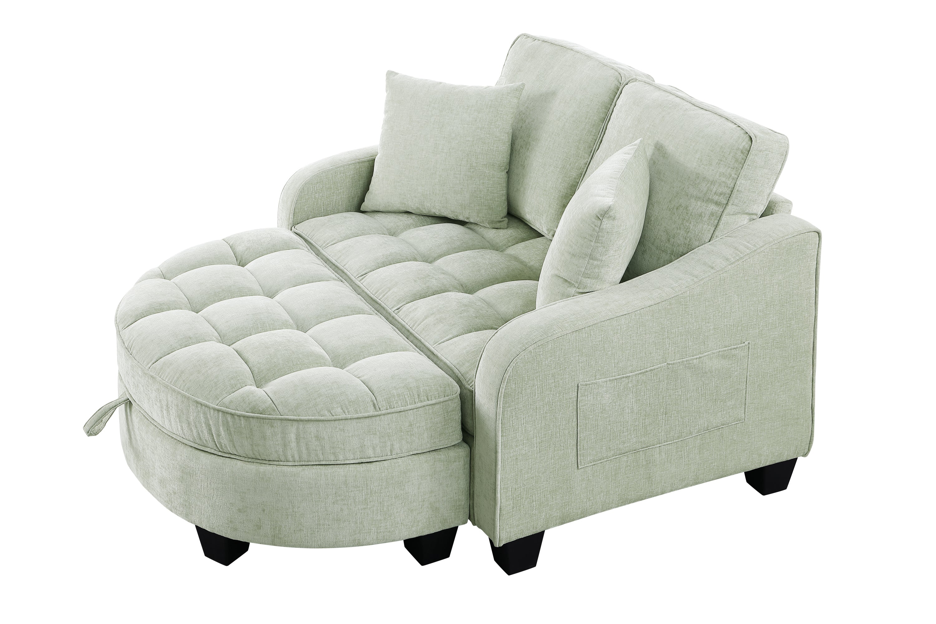 Storage footrest ottoman beside cyan sofa chaise