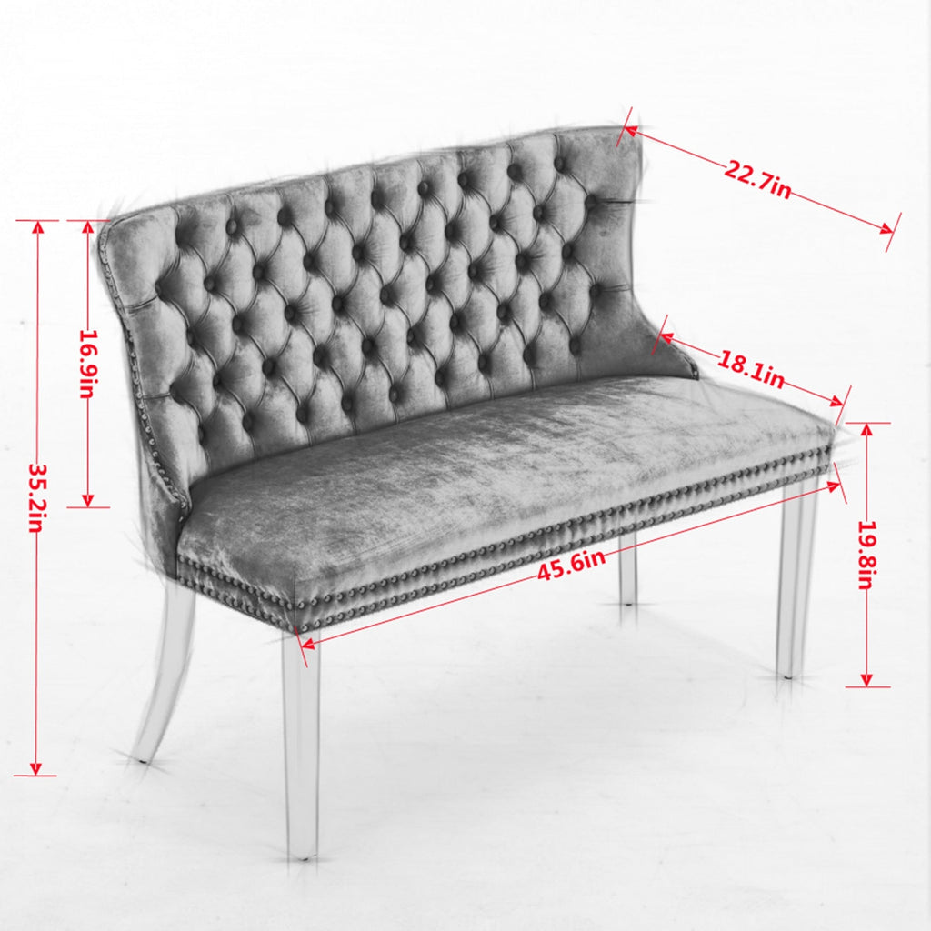 Velvet Double Dining Loveseat Bench, Kitchen & Dining Seating, 2-Seat Tufted Bench w/Handmade Buttons, Wing Back, Brushed Silver Stainless Steel Legs, Mid Century Modern,Single Pack,Gray,SW1702GY