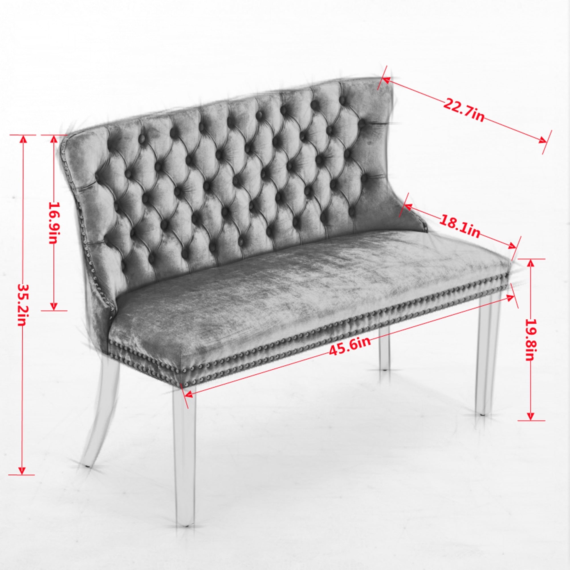 Velvet Double Dining Loveseat Bench, Kitchen & Dining Seating, 2-Seat Tufted Bench w/Handmade Buttons, Wing Back, Brushed Silver Stainless Steel Legs, Mid Century Modern,Single Pack,Gray,SW1702GY