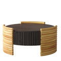 Dark brown colorblock round coffee table flip-top storage — front view