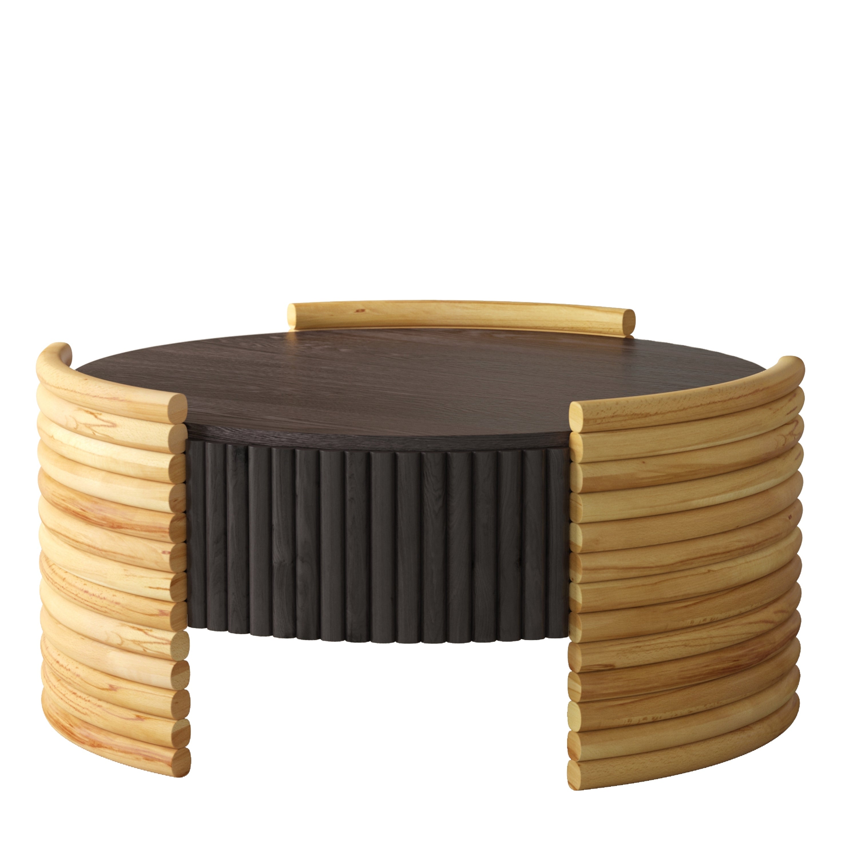 Dark brown colorblock round coffee table flip-top storage — front view