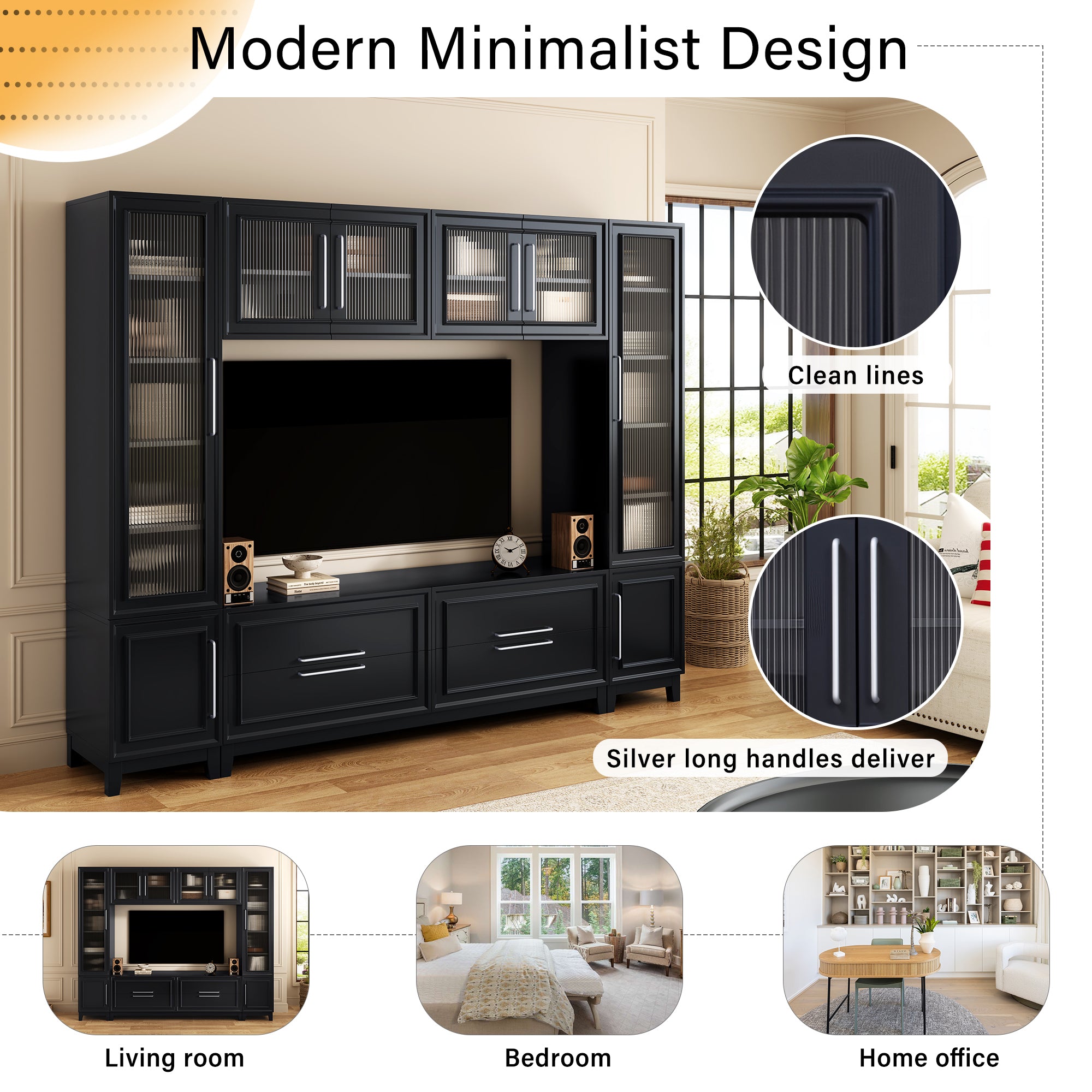 Black entertainment center living room full wall setting