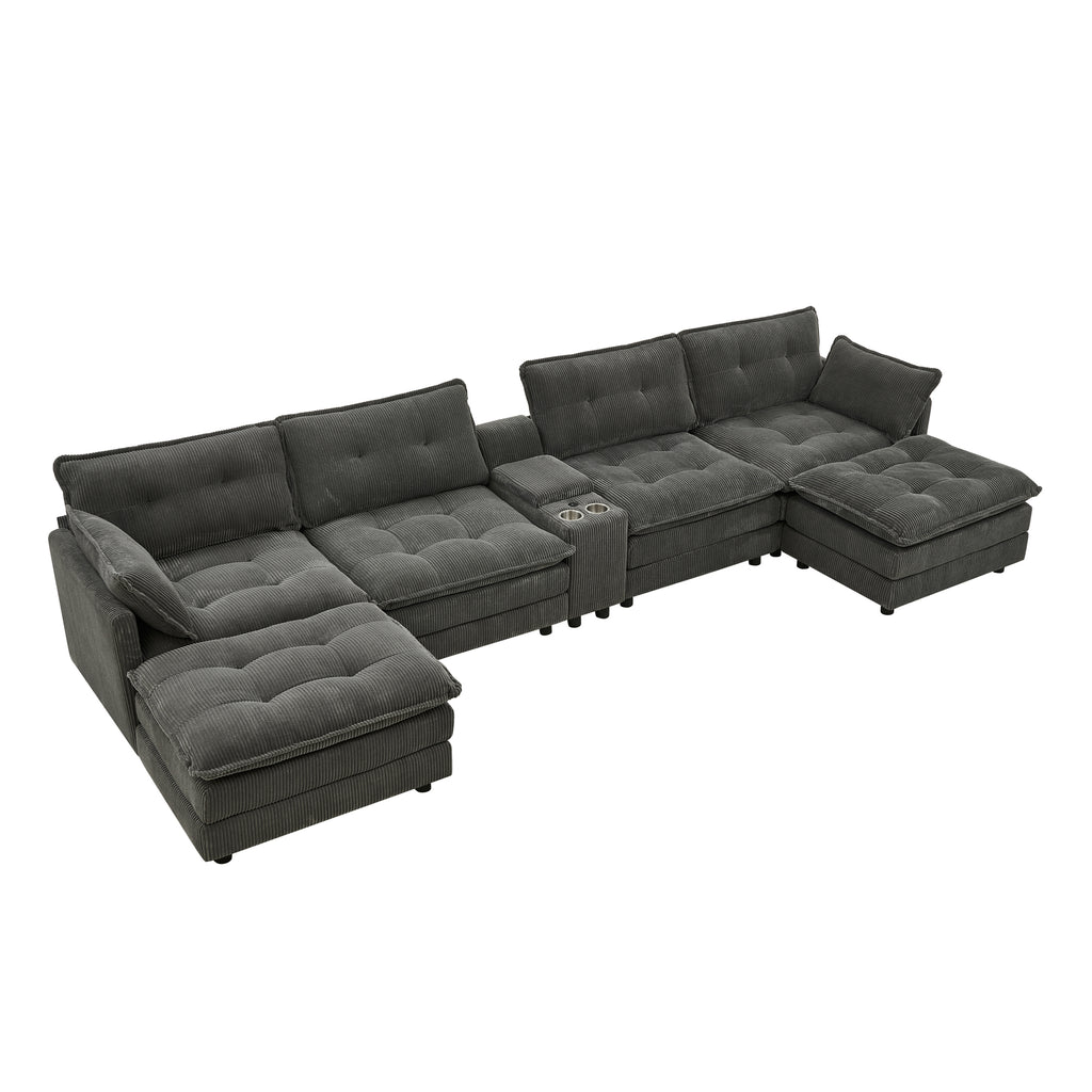 Gray corduroy U-shaped cloud sectional sofa 154 inch with ottomans front view
