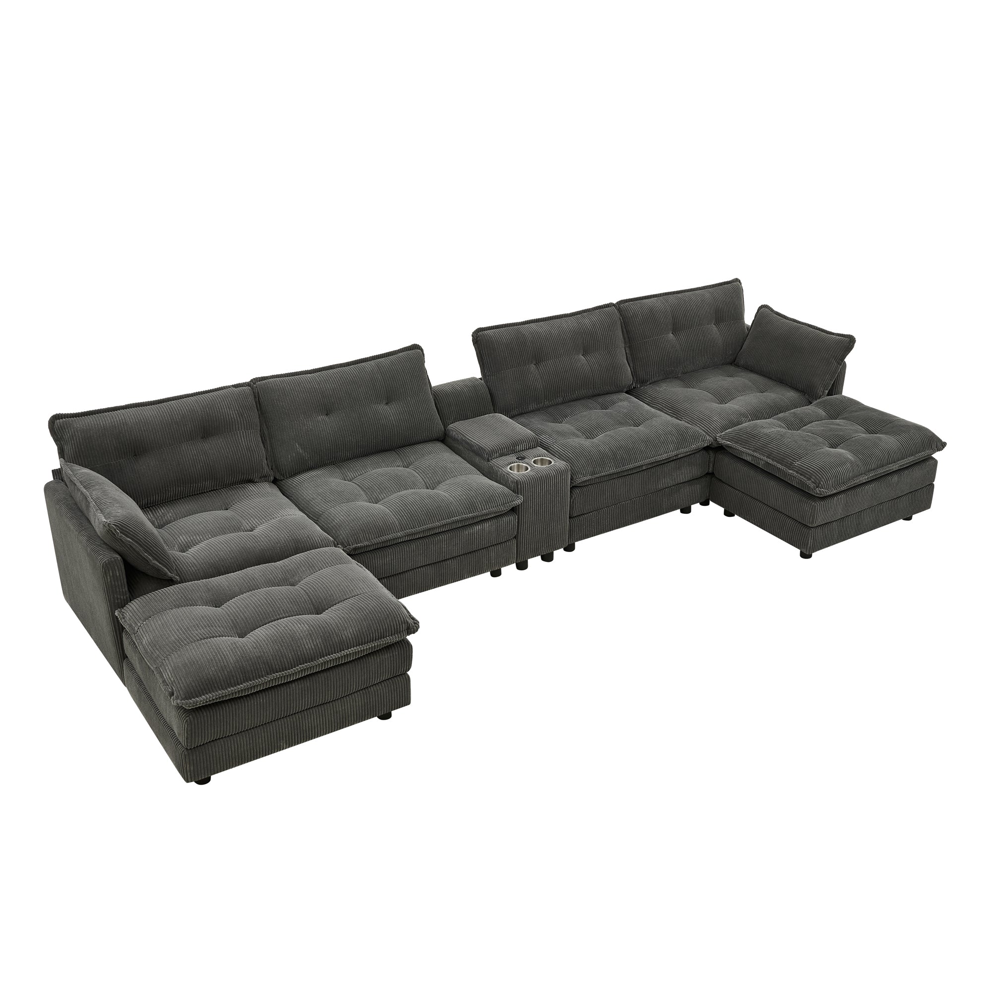 Gray corduroy U-shaped cloud sectional sofa 154 inch with ottomans front view