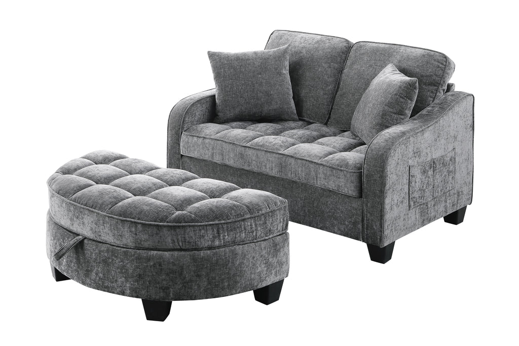 Storage footrest ottoman beside grey sofa chaise