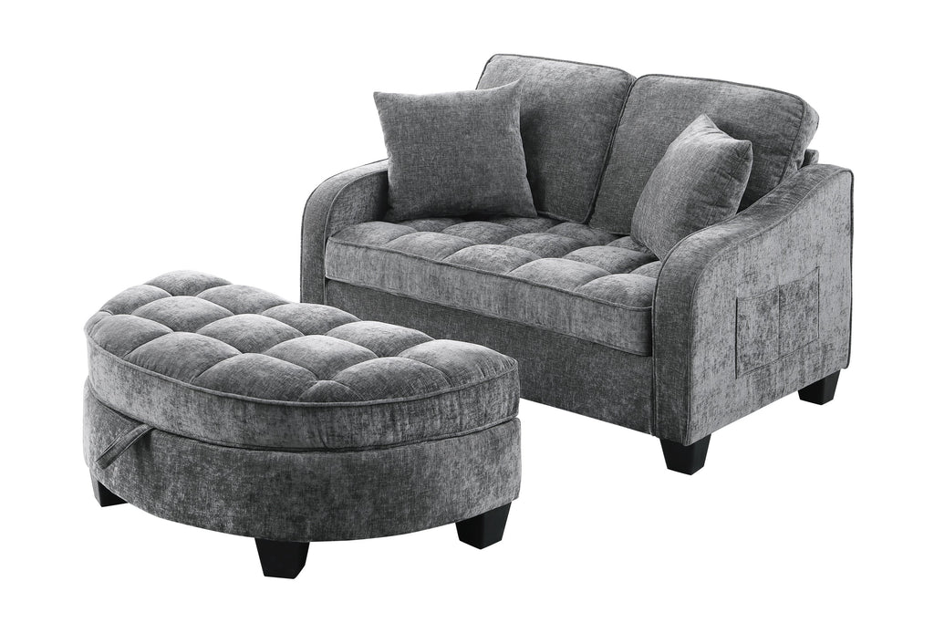 Corduroy 2-Seater Sofa Chaise — Storage Footrest & 2 Pillows, 42.7" Wide
