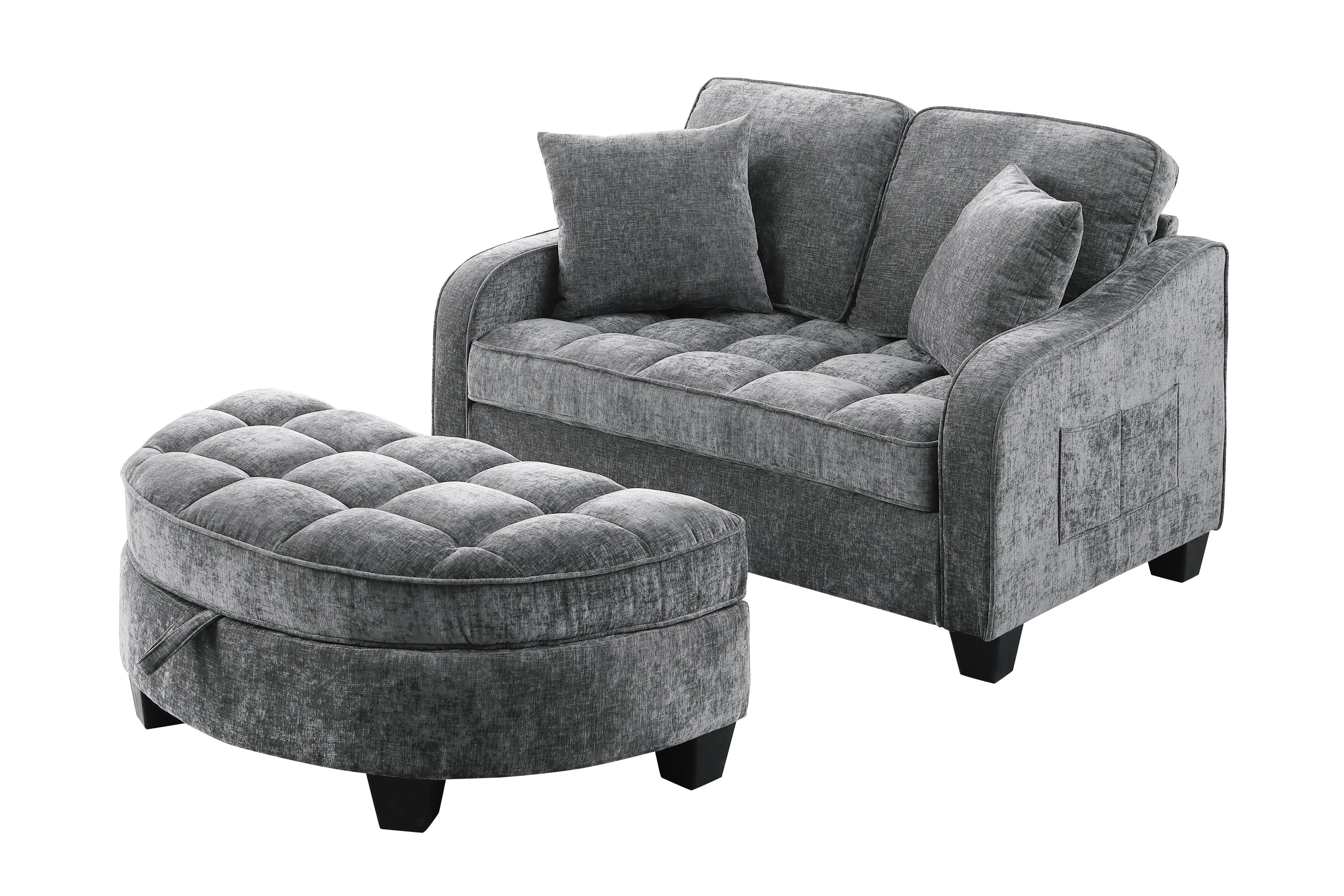 Corduroy 2-Seater Sofa Chaise — Storage Footrest & 2 Pillows, 42.7" Wide
