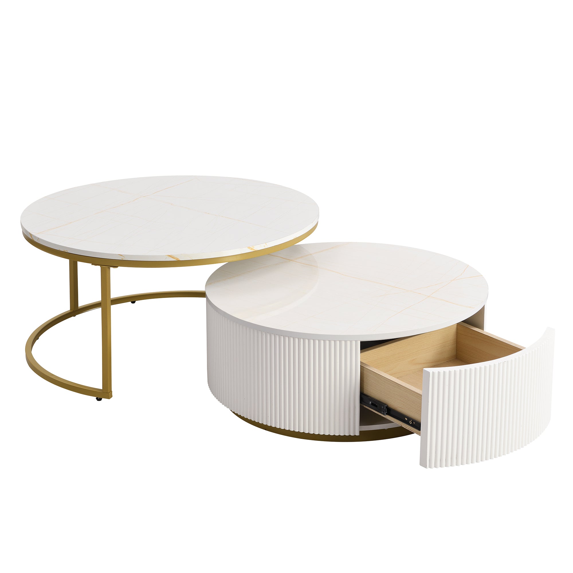 Drawer open on white round coffee table
