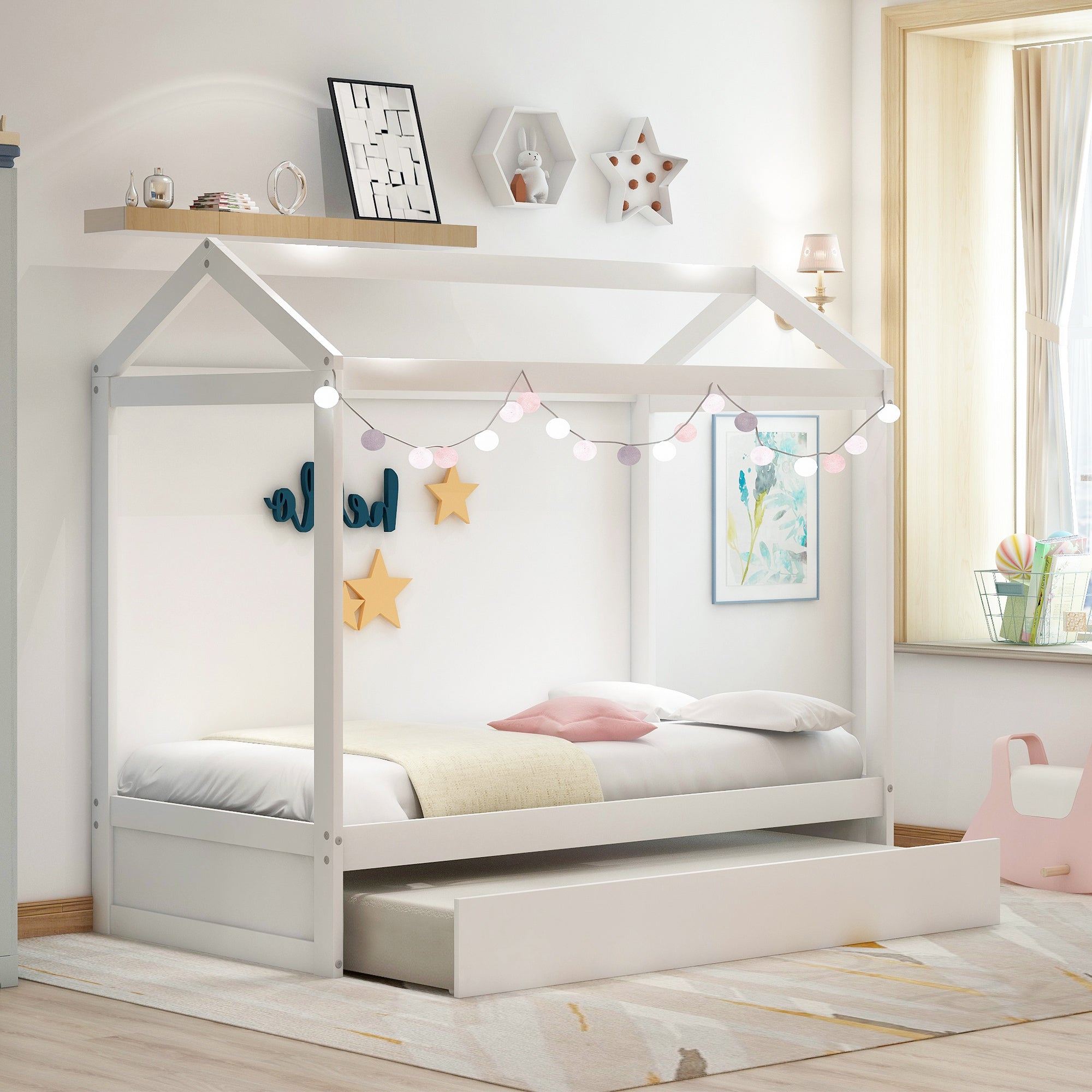 House bed trundle pulled out for sleepover or sibling sleeping