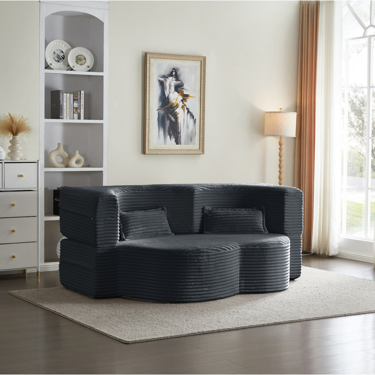Modern Floor Sofa with 2 Pillows, Convertible Plush Corduroy Foam-Filled Sleeper Sofa Bed,15 ' Full Size Folding Mattress for Living Room, Guest Bed, no assembly required, Light Grey
