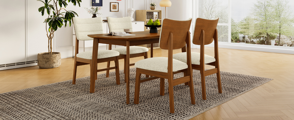 Farmhouse Dining Table Set for 4, Wood Kitchen Table & 4 Upholstered Chairs with Sturdy Rubber Wood Frame, Padded Seat, Curved Backrest, Space-Saving Dinette Set for Dining Room, Brown+Gray