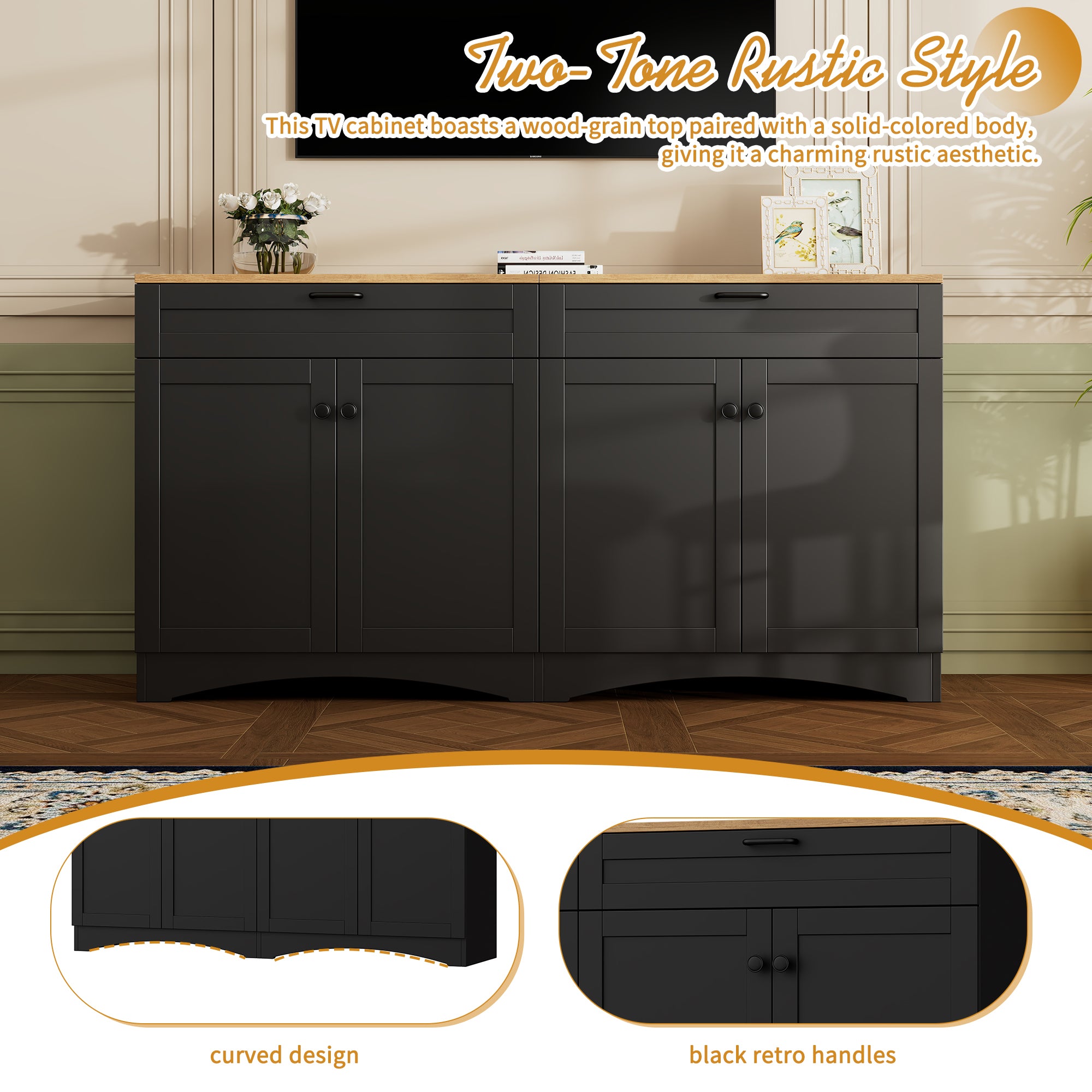 Black farmhouse media console for TVs up to 70 inches