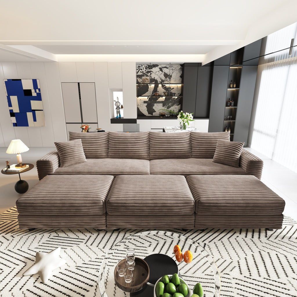 102.4 'Plush Corduroy 4-Seat Sofa,Modern Comfy Upholstered Sofa Cloud Couch,Deep Seat Couches with Soft Pillows and 3 Ottomans,Convertible Sofa Lounge Chair,Black(Old SKU:W1885S00287)
