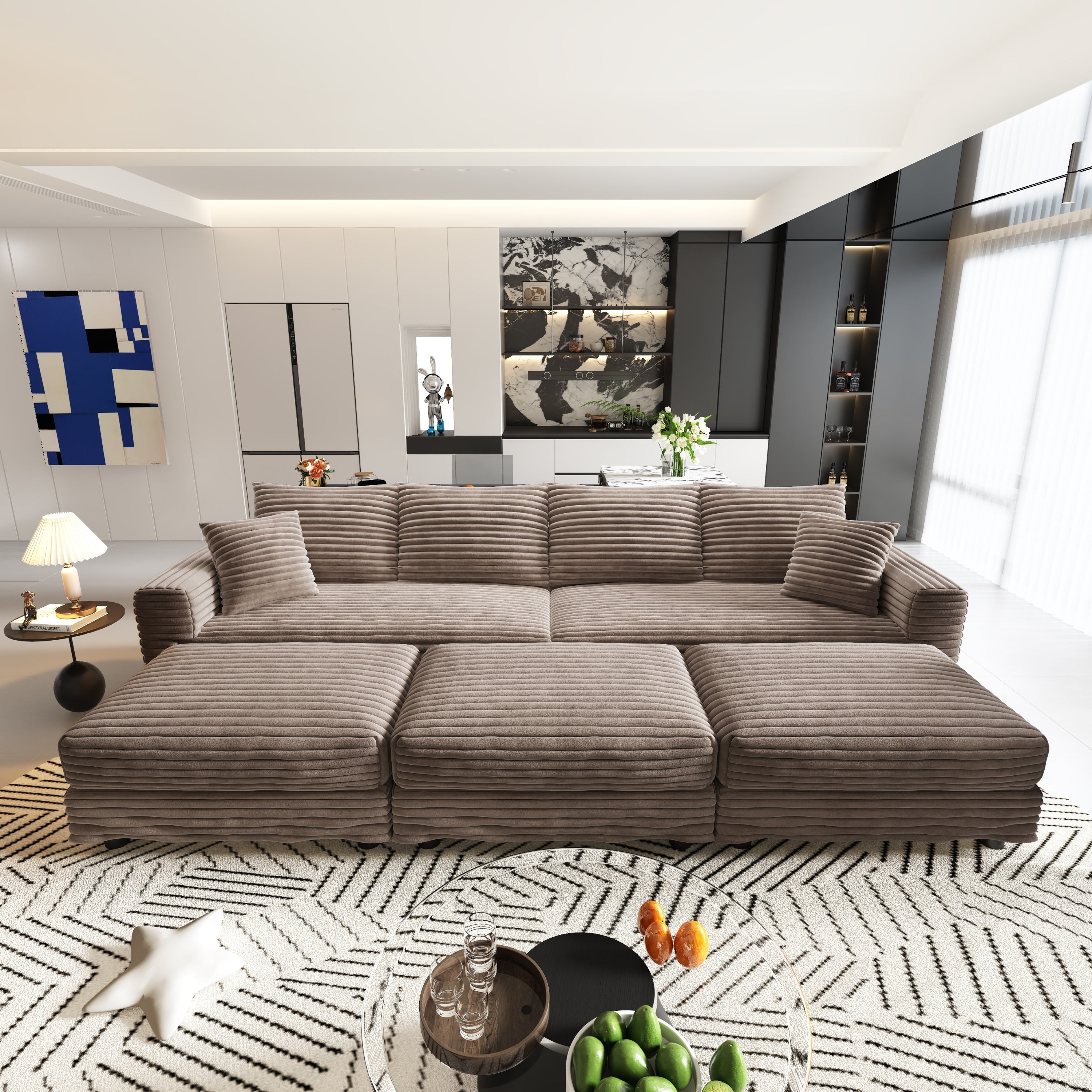 102.4 'Plush Corduroy 4-Seat Sofa,Modern Comfy Upholstered Sofa Cloud Couch,Deep Seat Couches with Soft Pillows and 3 Ottomans,Convertible Sofa Lounge Chair,Black(Old SKU:W1885S00287)