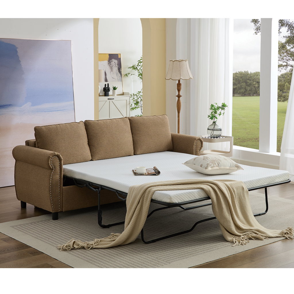 [NEW ARRIVED] [VIDEO PROVIDED] 81.5' 2-in-1 Queen Convertible Sleeper Sofa Bed, Pull Out Couch Bed,3 seater sofa bed,with 3.35' Memory Foam Mattress ,Rivet handrail,Beige(Old sku:W2108S00091)