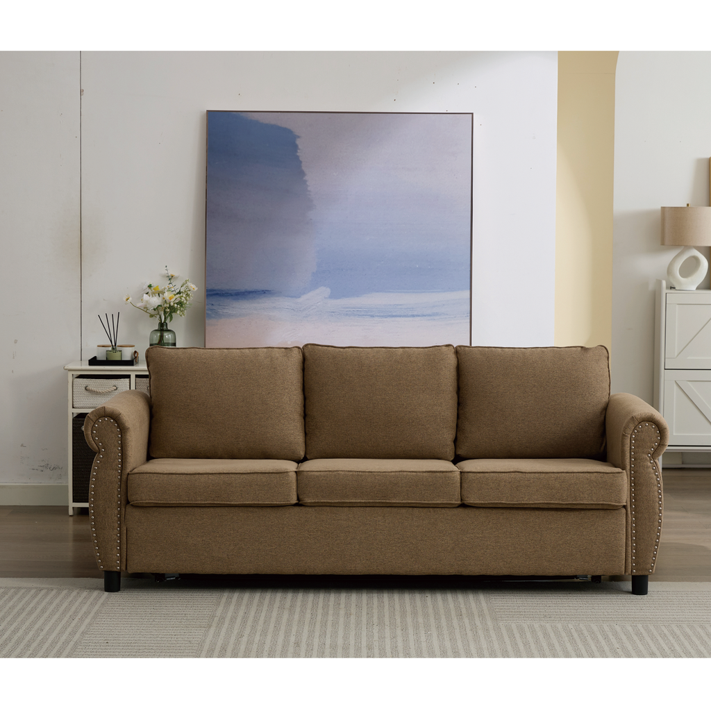 [NEW ARRIVED] [VIDEO PROVIDED] 81.5' 2-in-1 Queen Convertible Sleeper Sofa Bed, Pull Out Couch Bed,3 seater sofa bed,with 3.35' Memory Foam Mattress ,Rivet handrail,Beige(Old sku:W2108S00091)