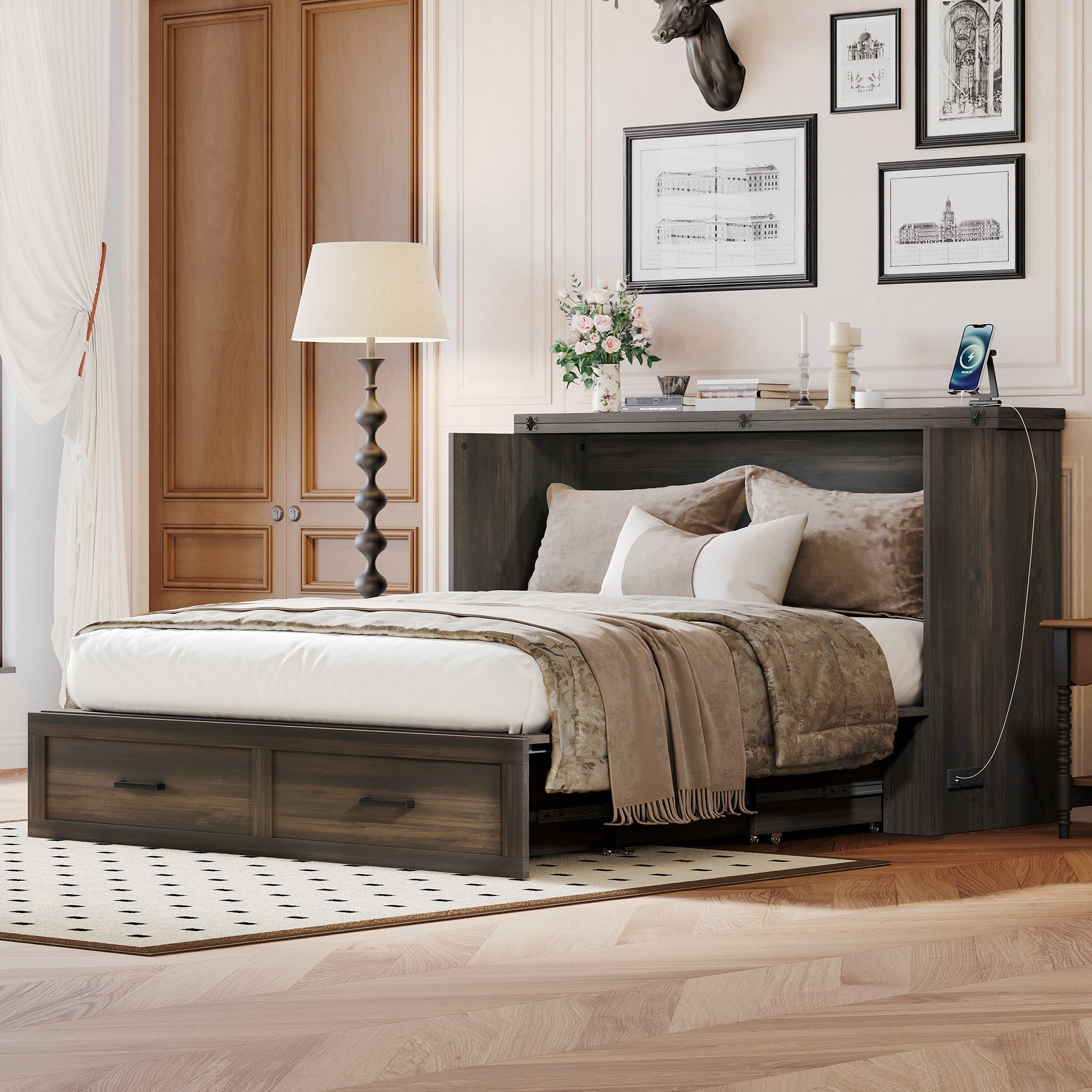 Queen Size Farmhouse Murphy Cabinet Bed with Charging Station, Foldable Platform Bed with Large Storage Drawer for Guest-Room, Small Bedroom, White(Old SKU: N733S237837W)