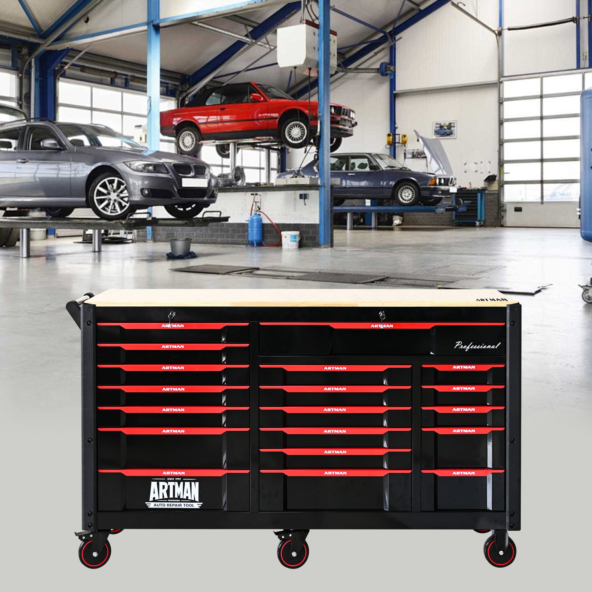 Mobile workshop tool storage cart on wheels — angle view