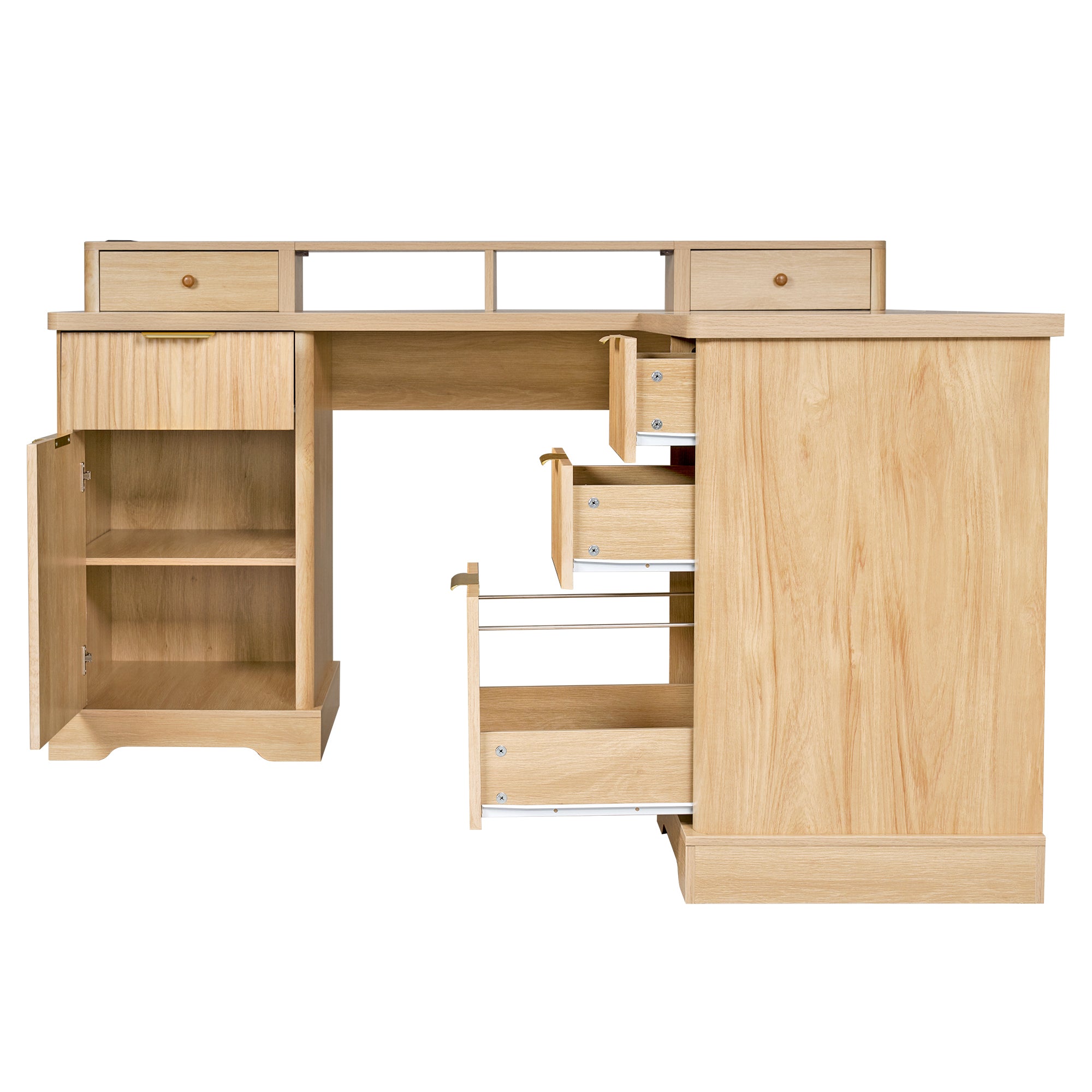 Home office L-shaped desk with charging station close-up