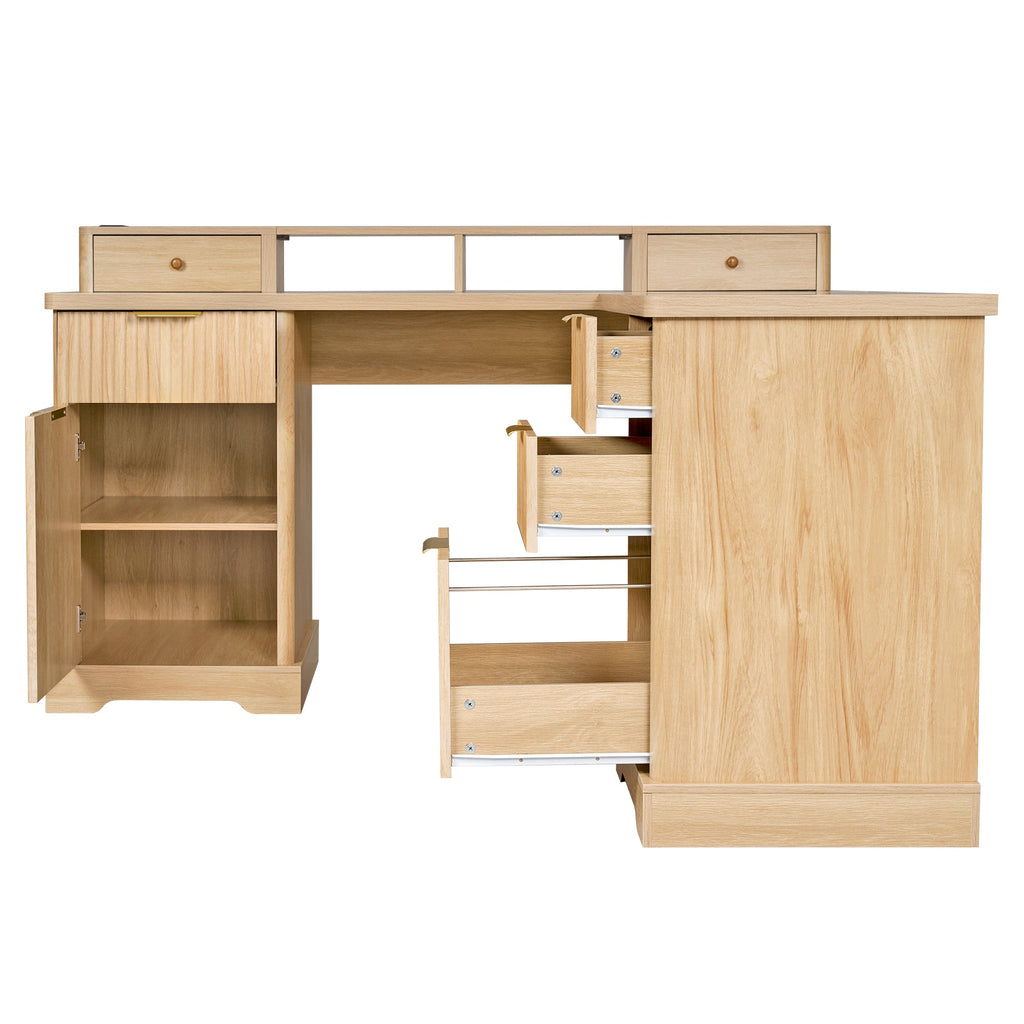 Fluted L-Shaped Desk with Charging Station, Monitor Stand & File Drawer — 59-Inch