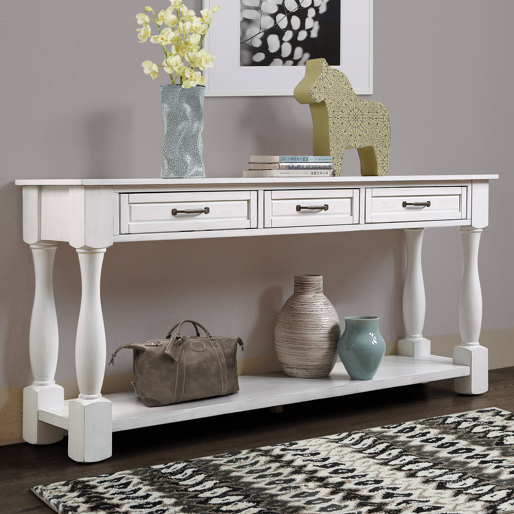 63 inch pine console table with bottom shelf — full overview