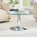 27.5-inch diameter round tempered glass coffee table. 17.7 inches high, supported by a silver metal base, with a light luxury edge.