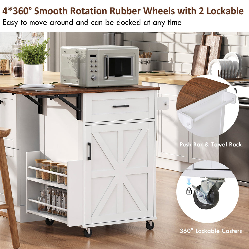 K&K 39.3' Farmhouse Kitchen Island with Drop Leaf, Kitchen Storage Island with Open Side Rack, One Drawer, Towel Rack, Rolling Kitchen Cart with Lockable Wheels for Lawn Garden, Black