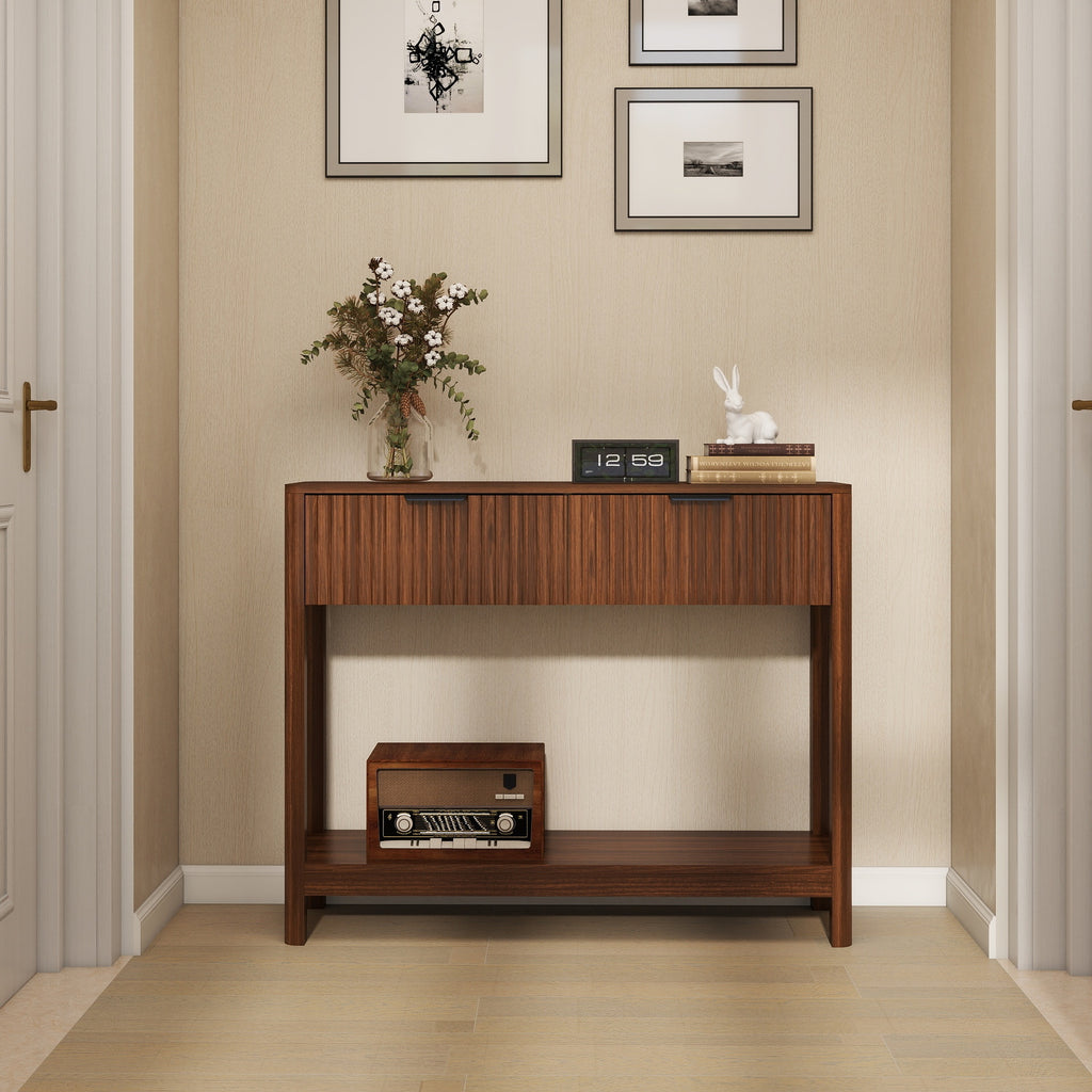 Walnut fluted console table two drawers and open lower shelf detail