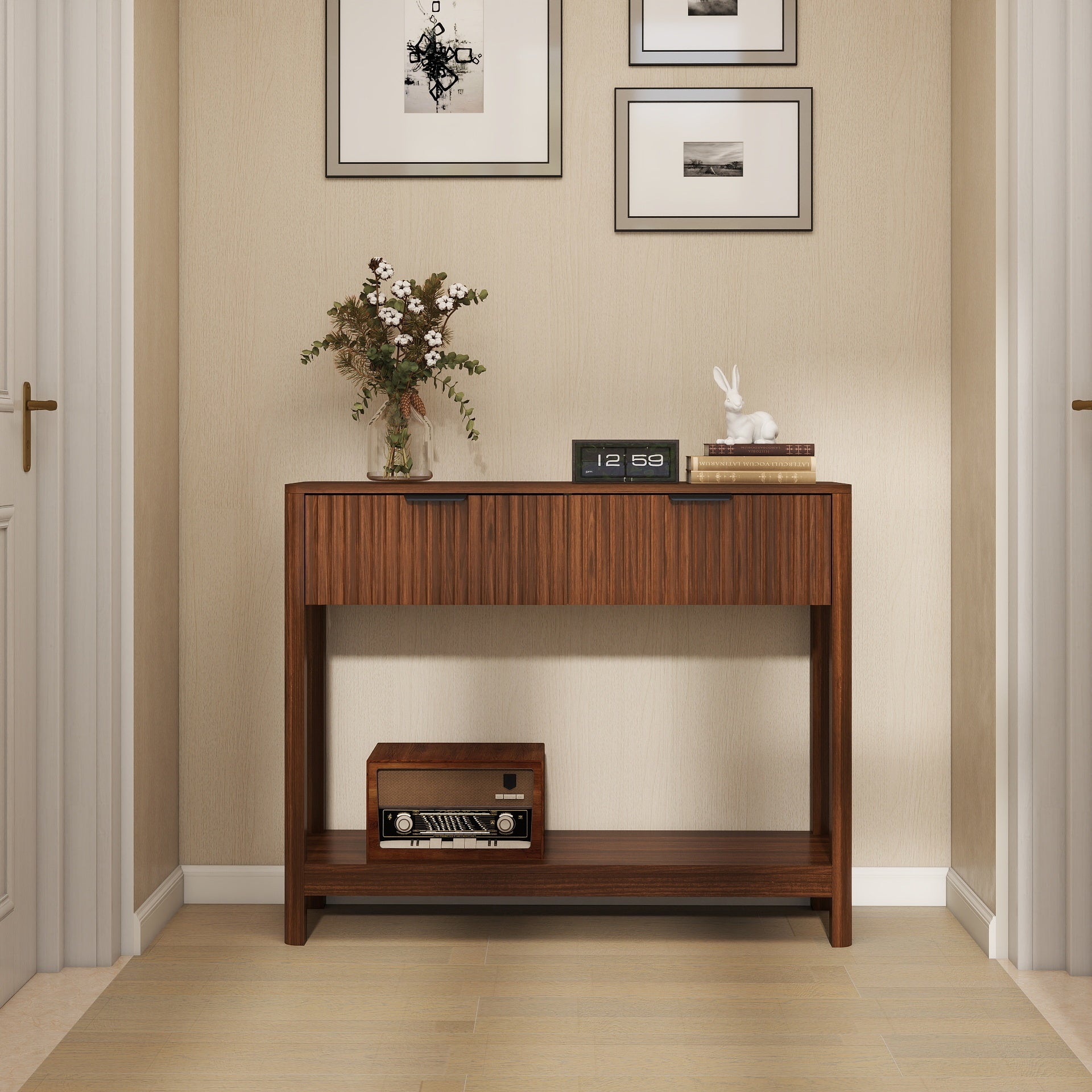 Walnut fluted console table two drawers and open lower shelf detail