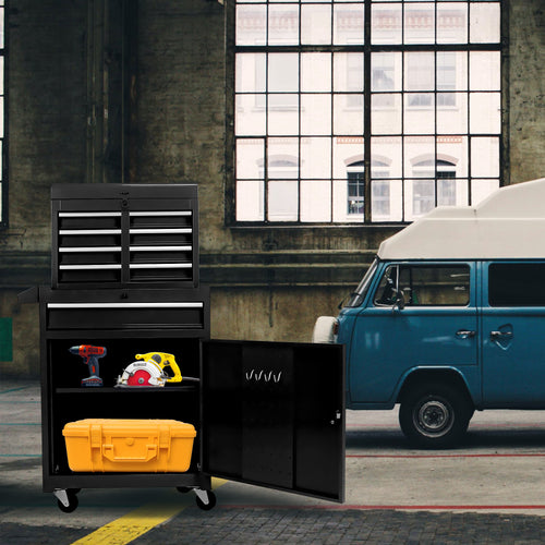 Black rolling tool chest with five drawers — front view