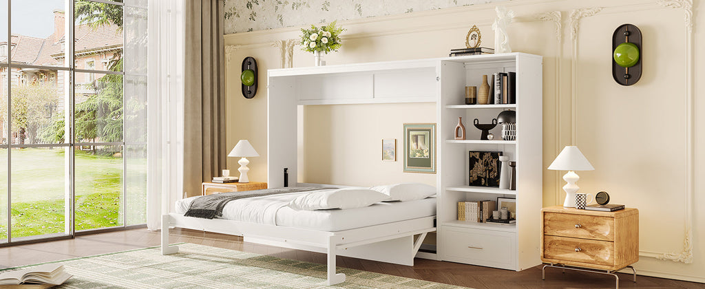 Queen Size Murphy Bed with Height Adjustable Storage Compartments and Shelf, Wall Bed Frame With 1 Drawer, Multifunctional Foldable Platform Bed for Bedroom,Guest Room, Walnut(OLD SKU:N733S309223D)