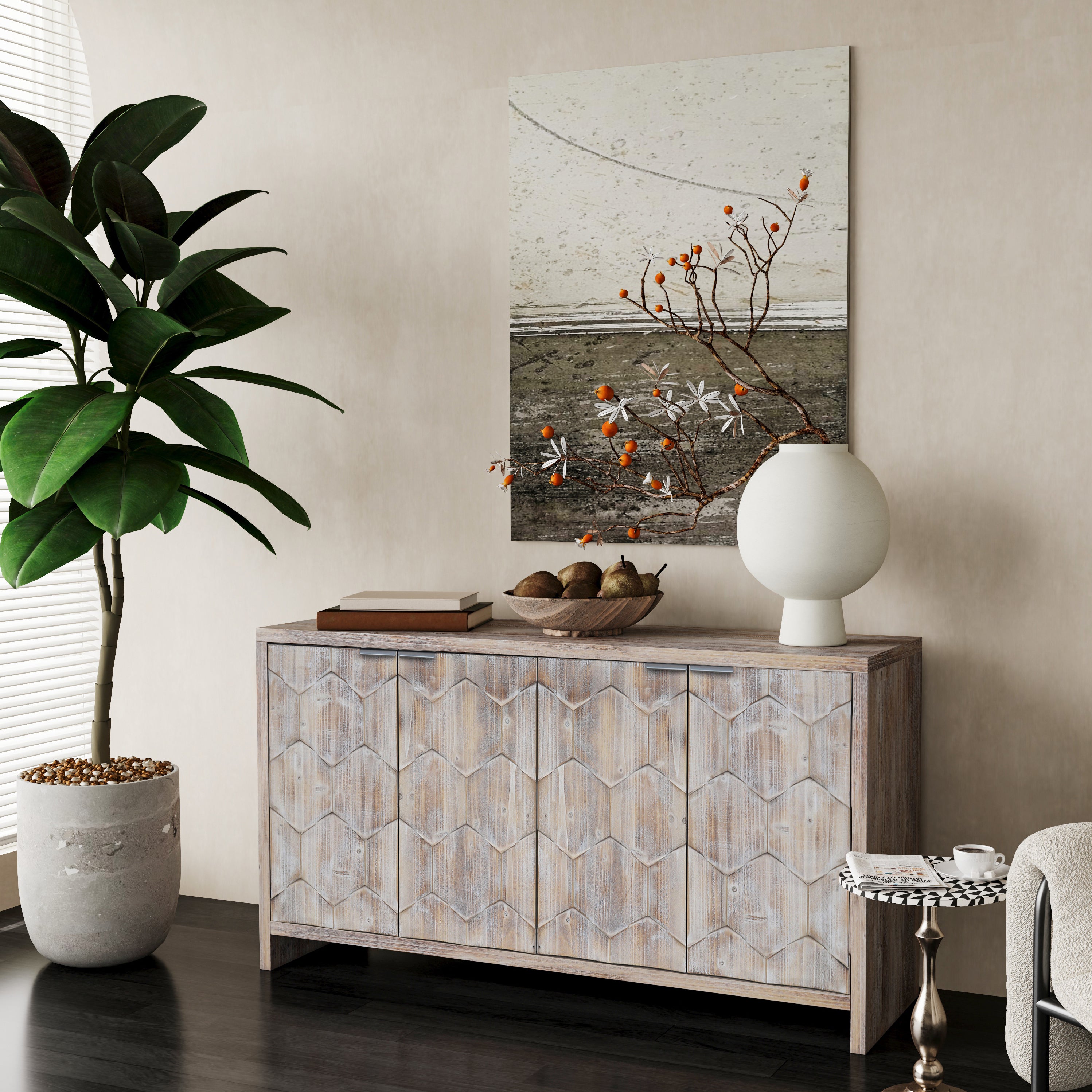 Farmhouse buffet cabinet natural wood wash finish
