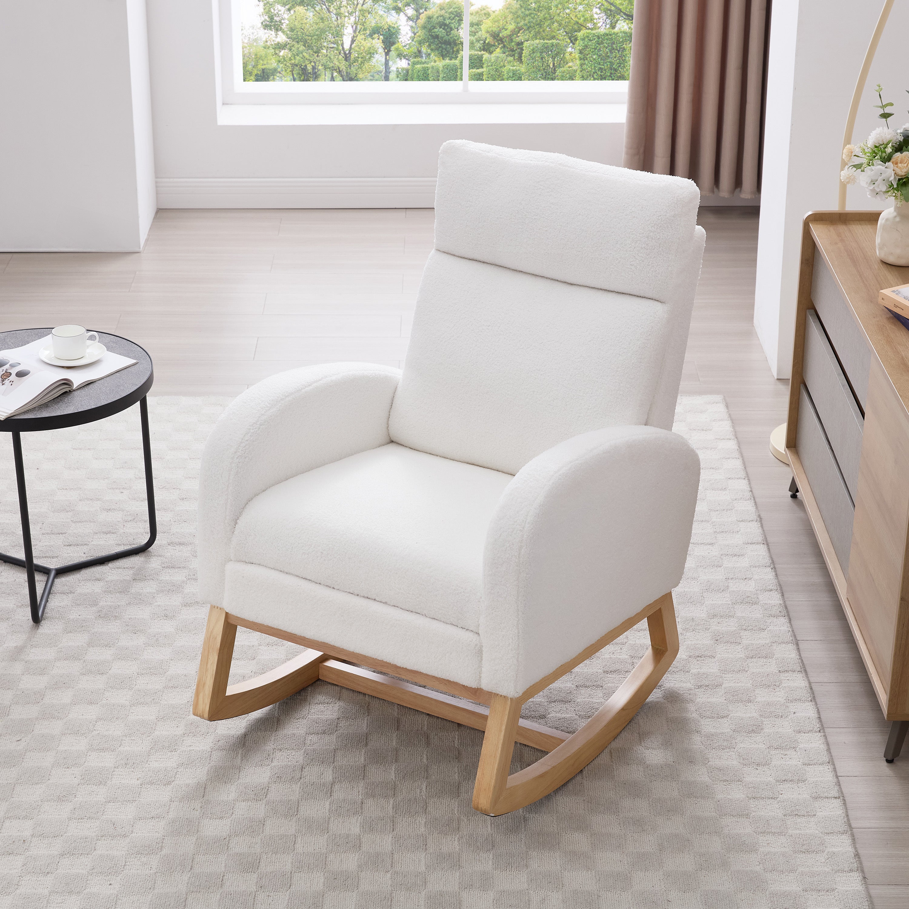 White teddy fabric nursery rocking chair — front view