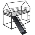 Black twin-over-twin house bunk bed with slide — front view