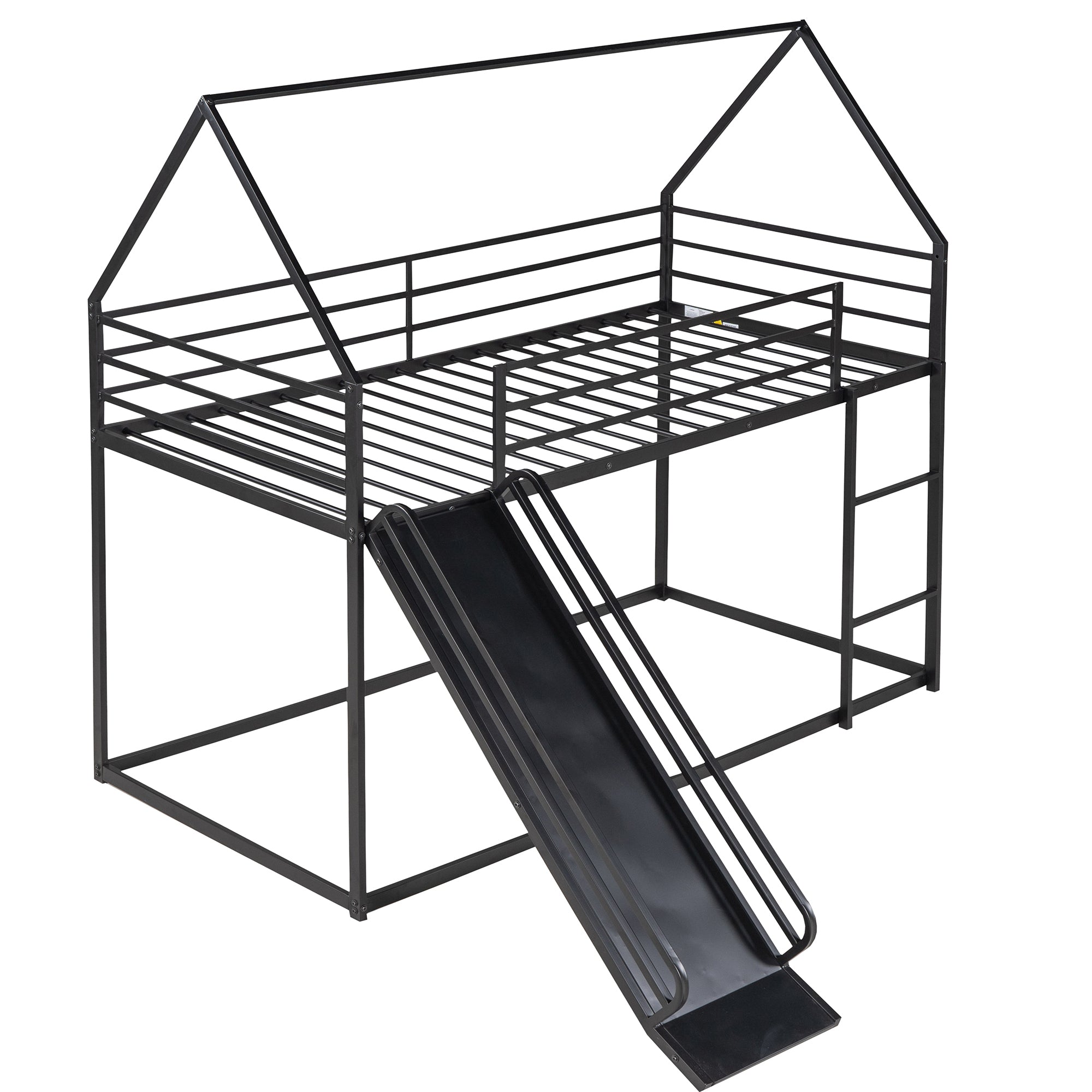 Twin-over-Twin House Bunk Bed with Slide & Ladder — Metal Frame